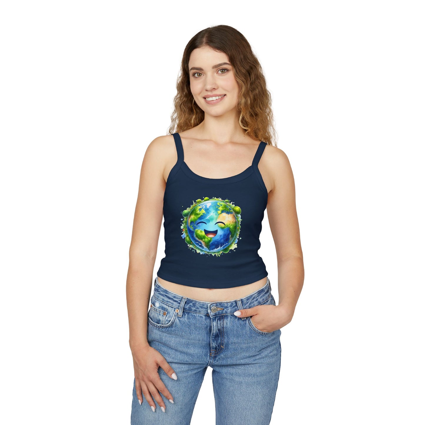Cute Earth Graphic Women's Spaghetti Strap Tank Top - Eco-Friendly Vibe