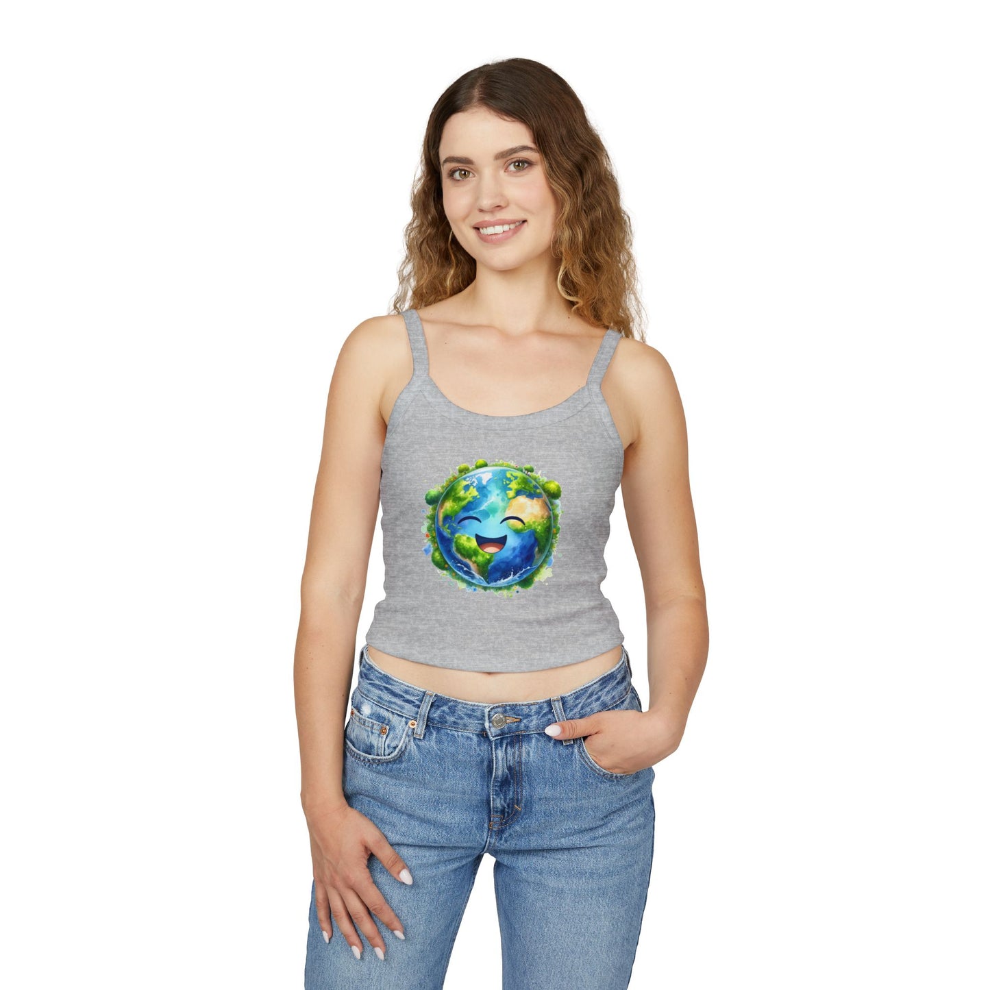 Cute Earth Graphic Women's Spaghetti Strap Tank Top - Eco-Friendly Vibe