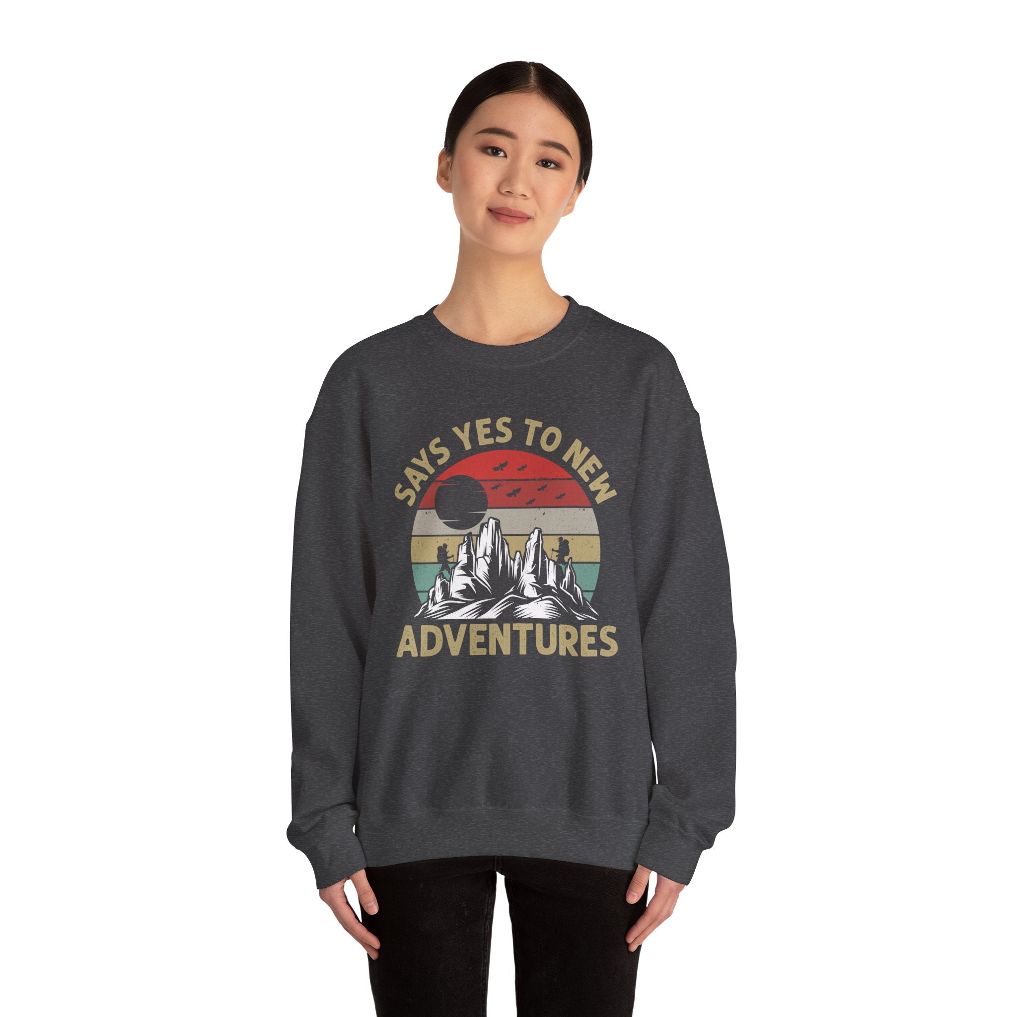 Adventure Crewneck Sweatshirt – "Says Yes to New Adventures" Retro Mountain Design