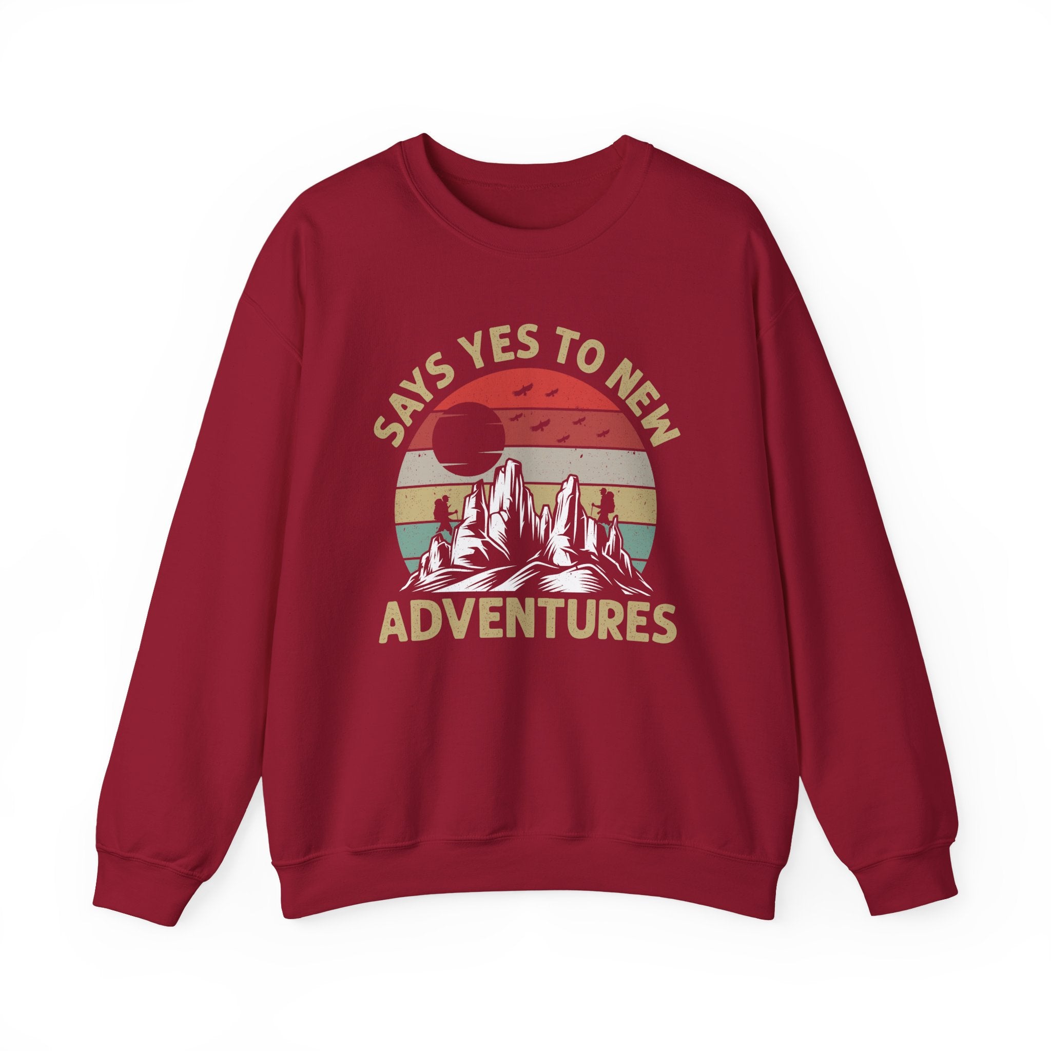 Adventure Crewneck Sweatshirt – "Says Yes to New Adventures" Retro Mountain Design