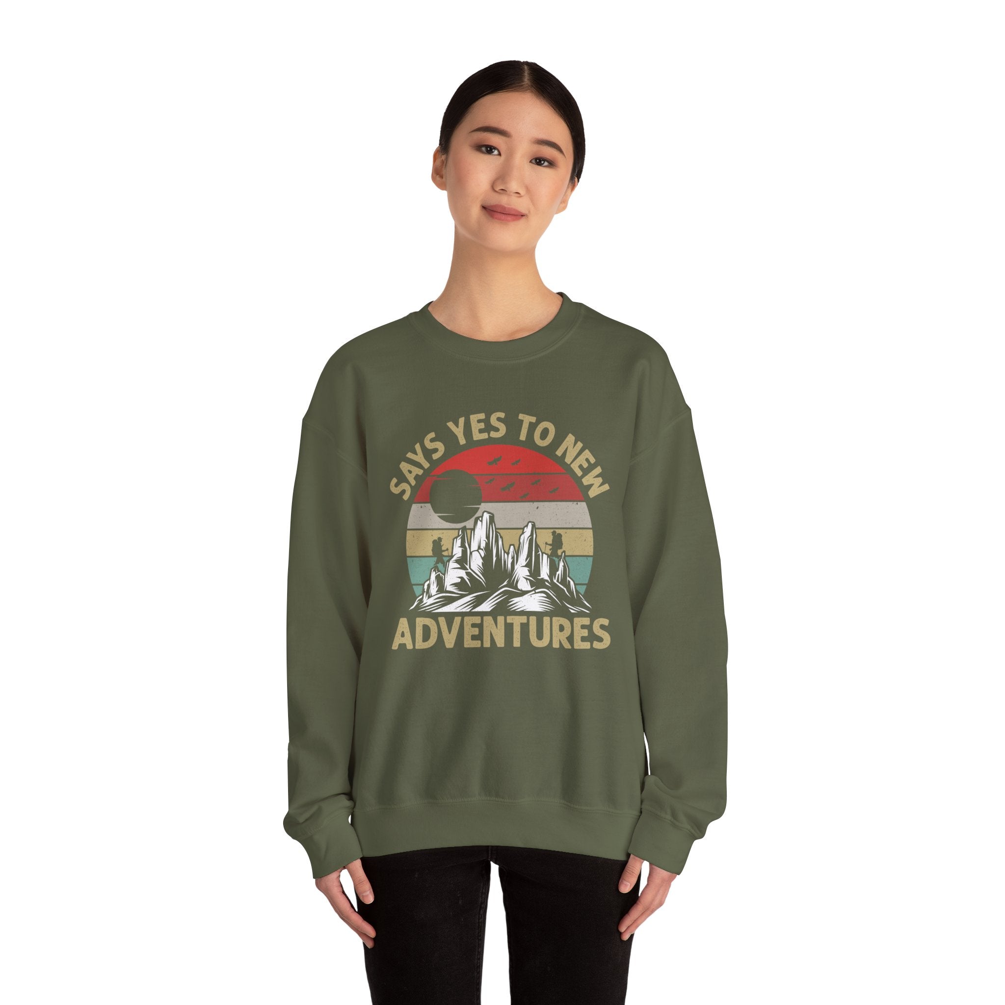 Adventure Crewneck Sweatshirt – "Says Yes to New Adventures" Retro Mountain Design