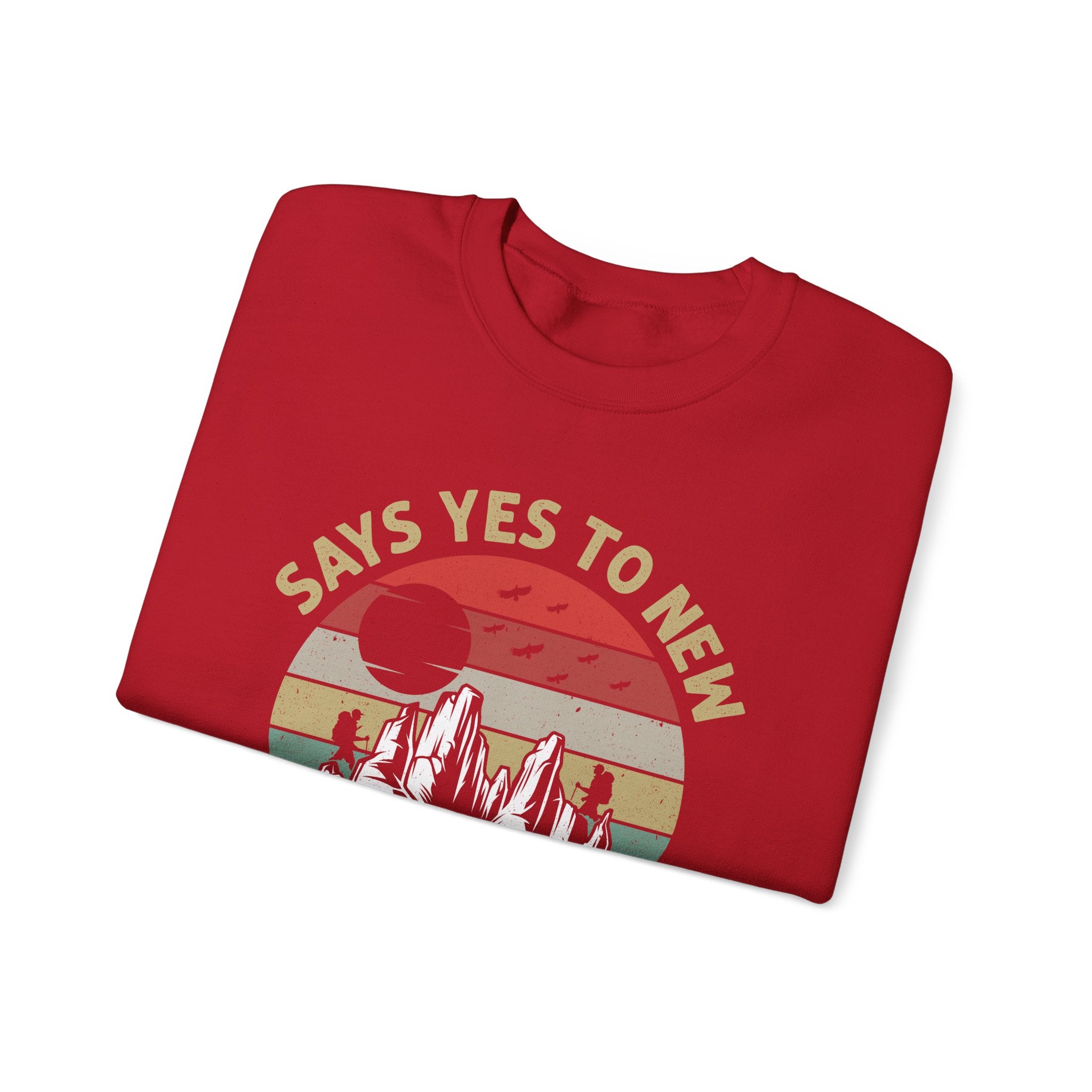 Adventure Crewneck Sweatshirt – "Says Yes to New Adventures" Retro Mountain Design