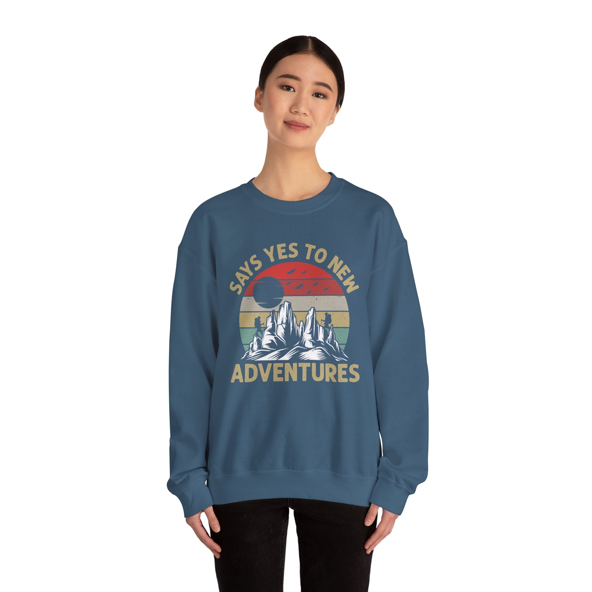 Adventure Crewneck Sweatshirt – "Says Yes to New Adventures" Retro Mountain Design