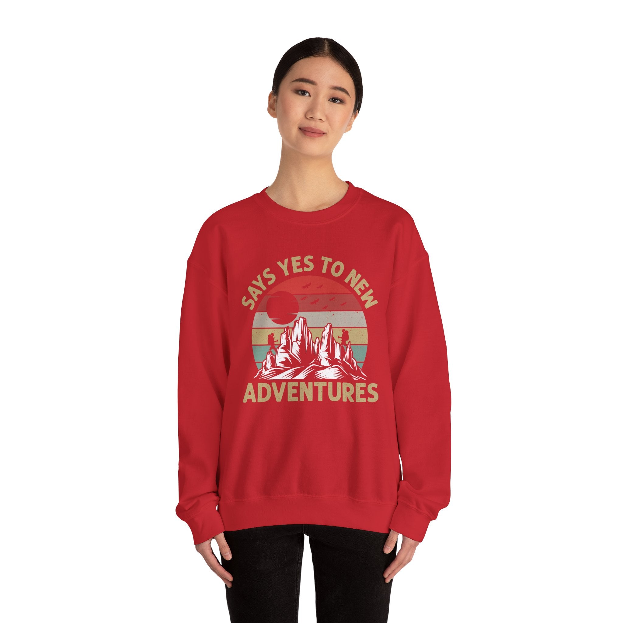 Adventure Crewneck Sweatshirt – "Says Yes to New Adventures" Retro Mountain Design