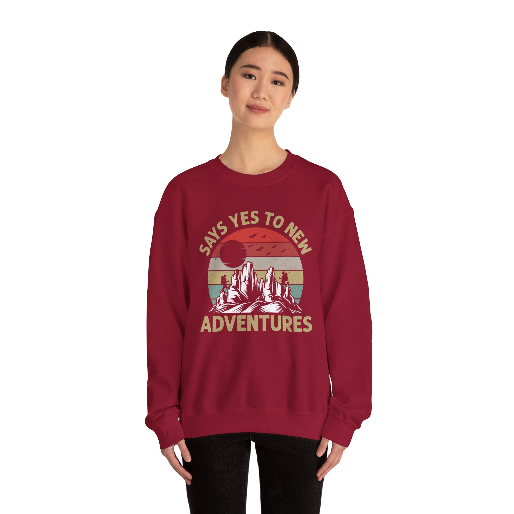 Adventure Crewneck Sweatshirt – "Says Yes to New Adventures" Retro Mountain Design