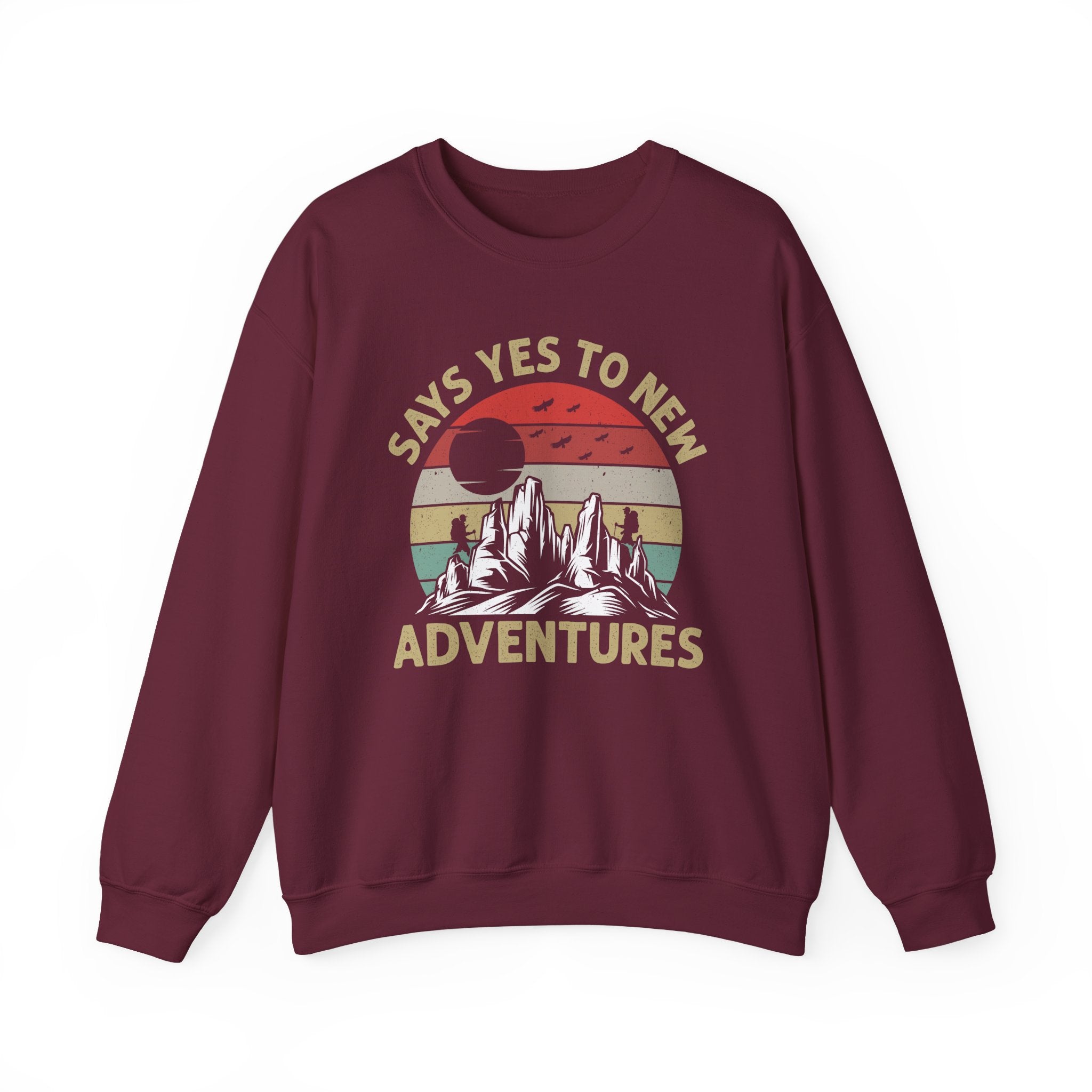 Adventure Crewneck Sweatshirt – "Says Yes to New Adventures" Retro Mountain Design