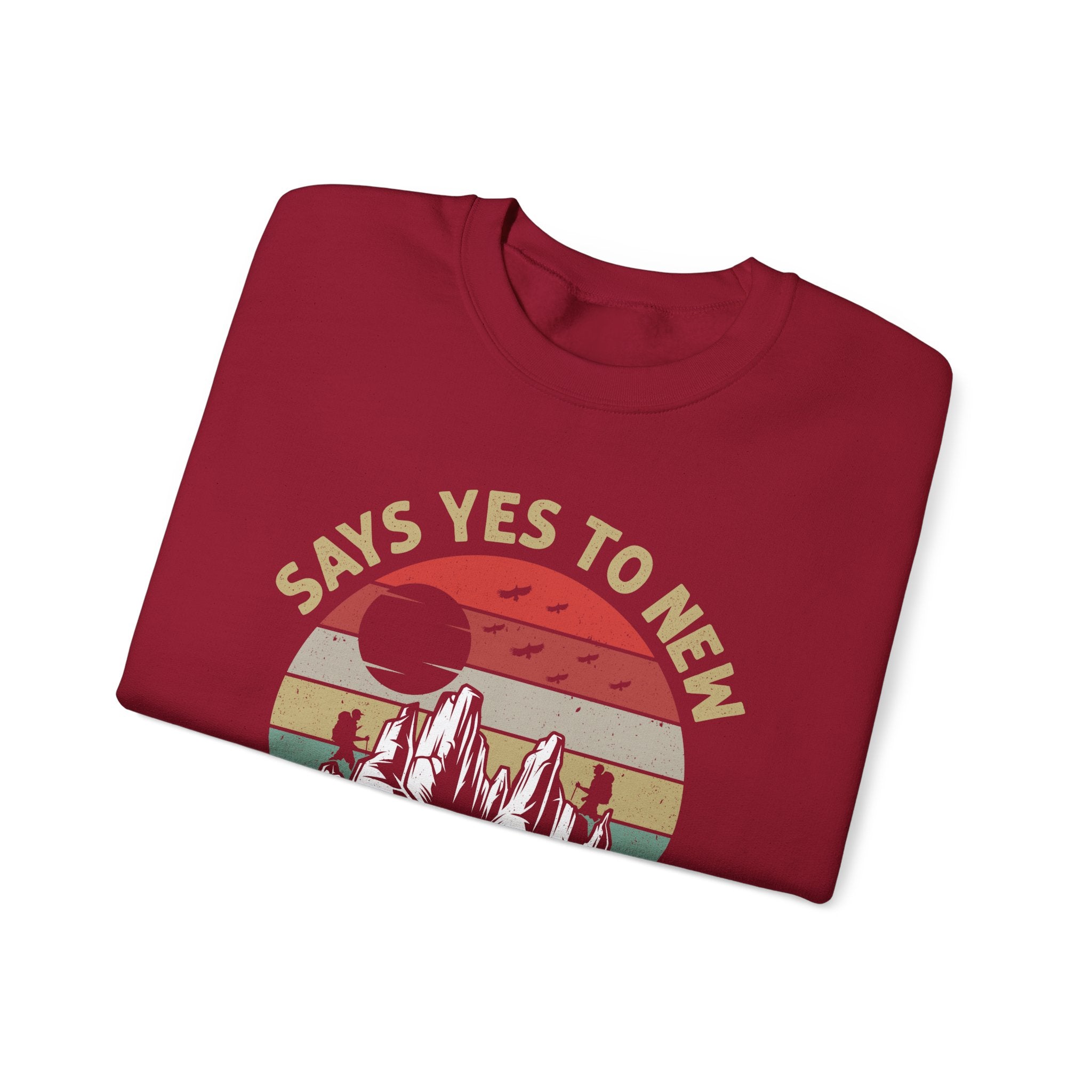 Adventure Crewneck Sweatshirt – "Says Yes to New Adventures" Retro Mountain Design
