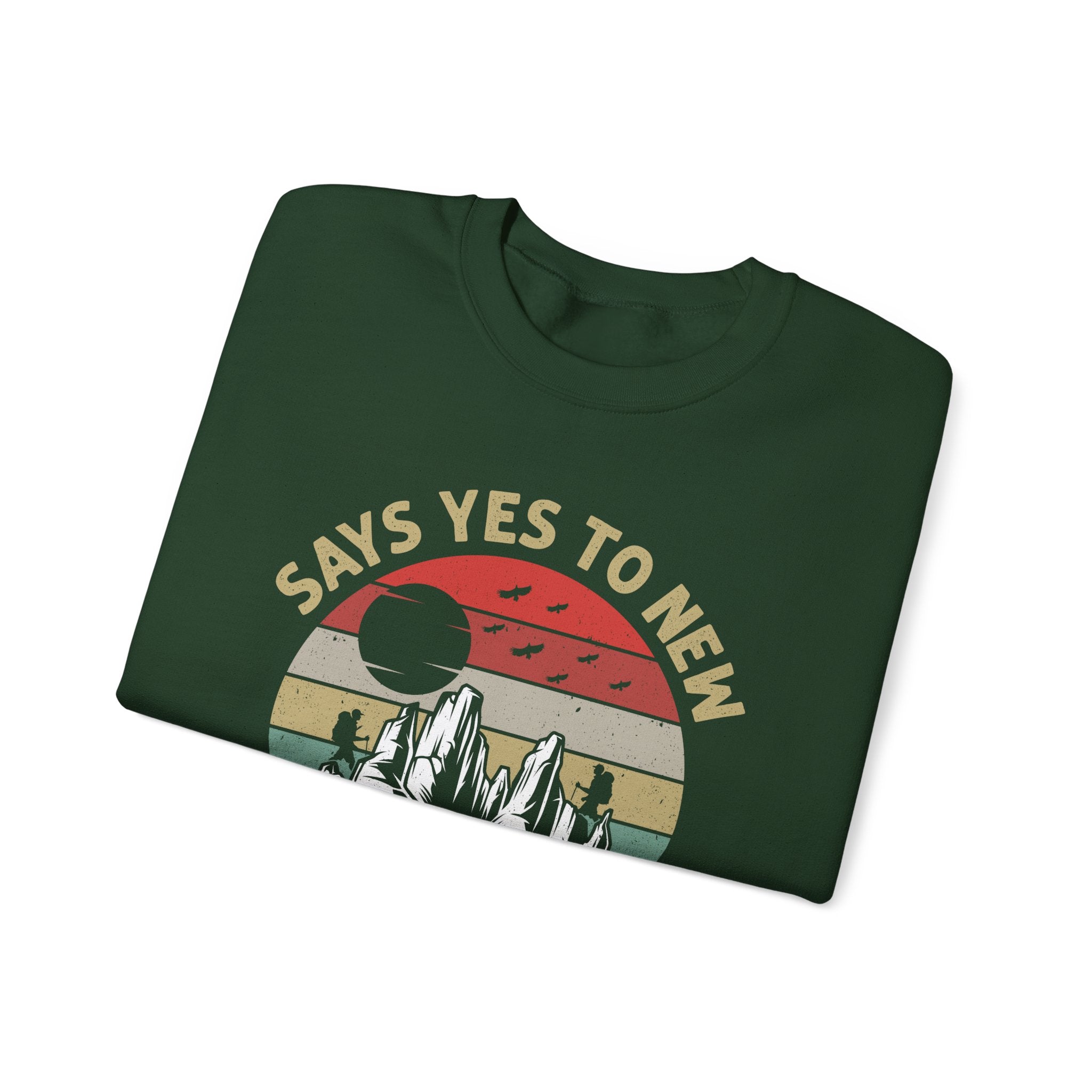 Adventure Crewneck Sweatshirt – "Says Yes to New Adventures" Retro Mountain Design