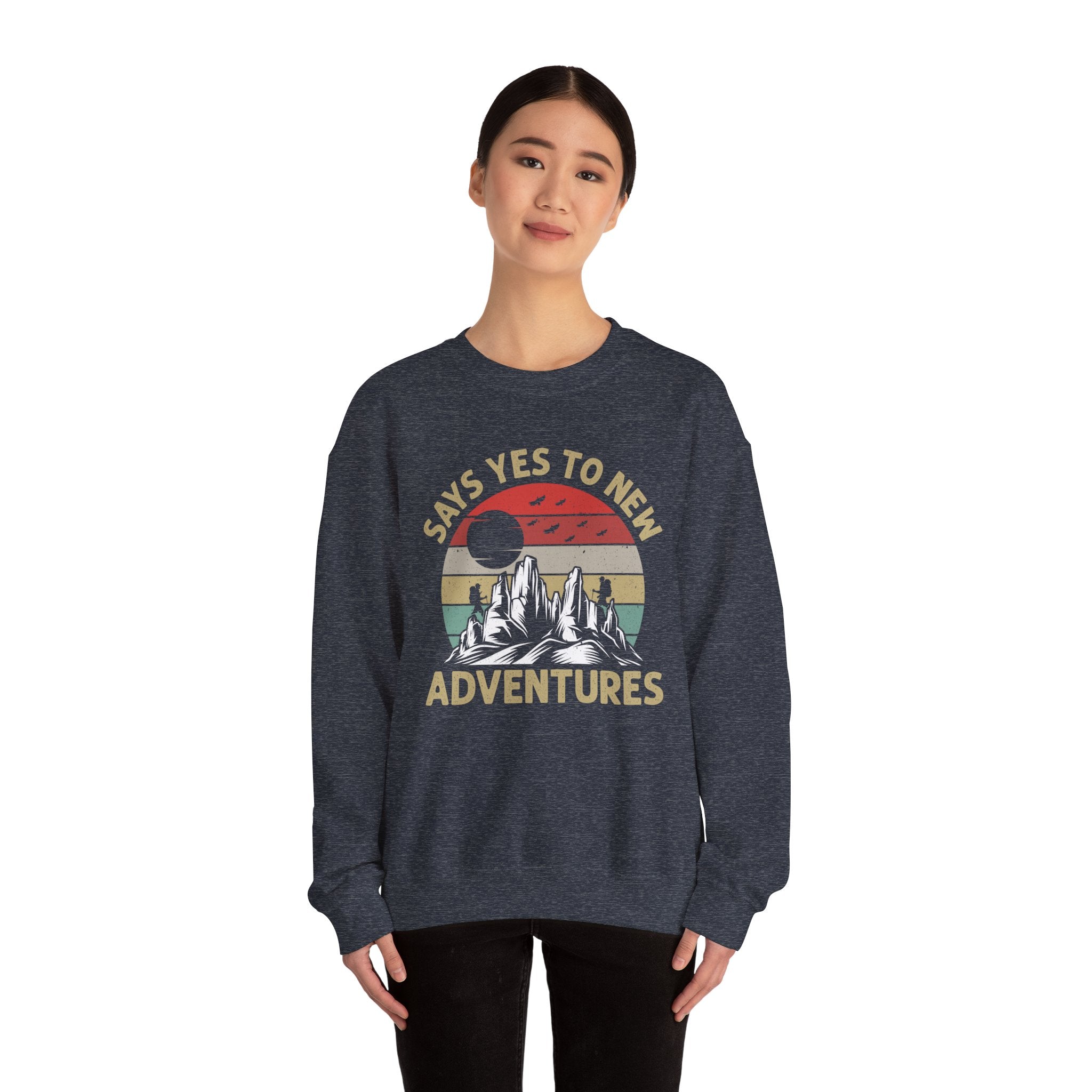 Adventure Crewneck Sweatshirt – "Says Yes to New Adventures" Retro Mountain Design