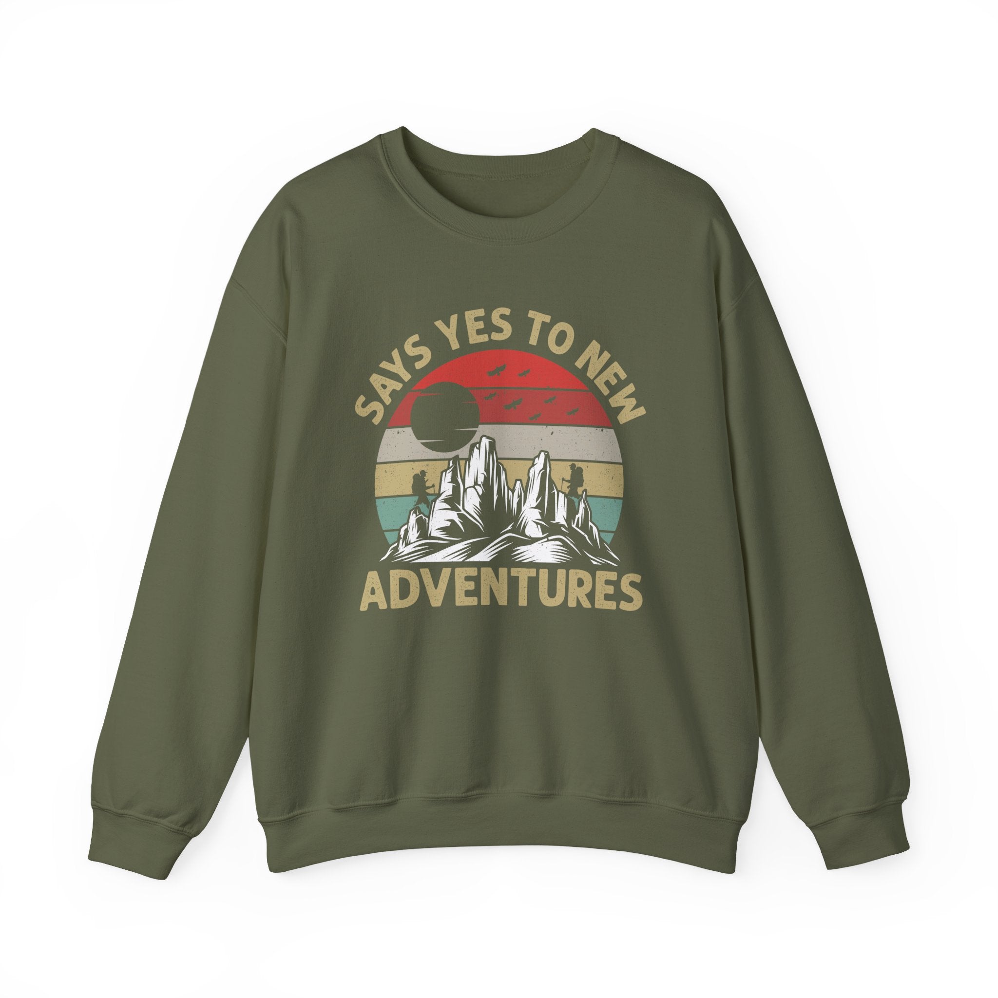 Adventure Crewneck Sweatshirt – "Says Yes to New Adventures" Retro Mountain Design