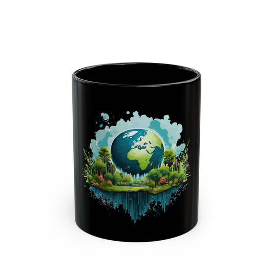 Eco-Friendly Earth Mug - Vibrant Nature Design - Black Ceramic Coffee Cup