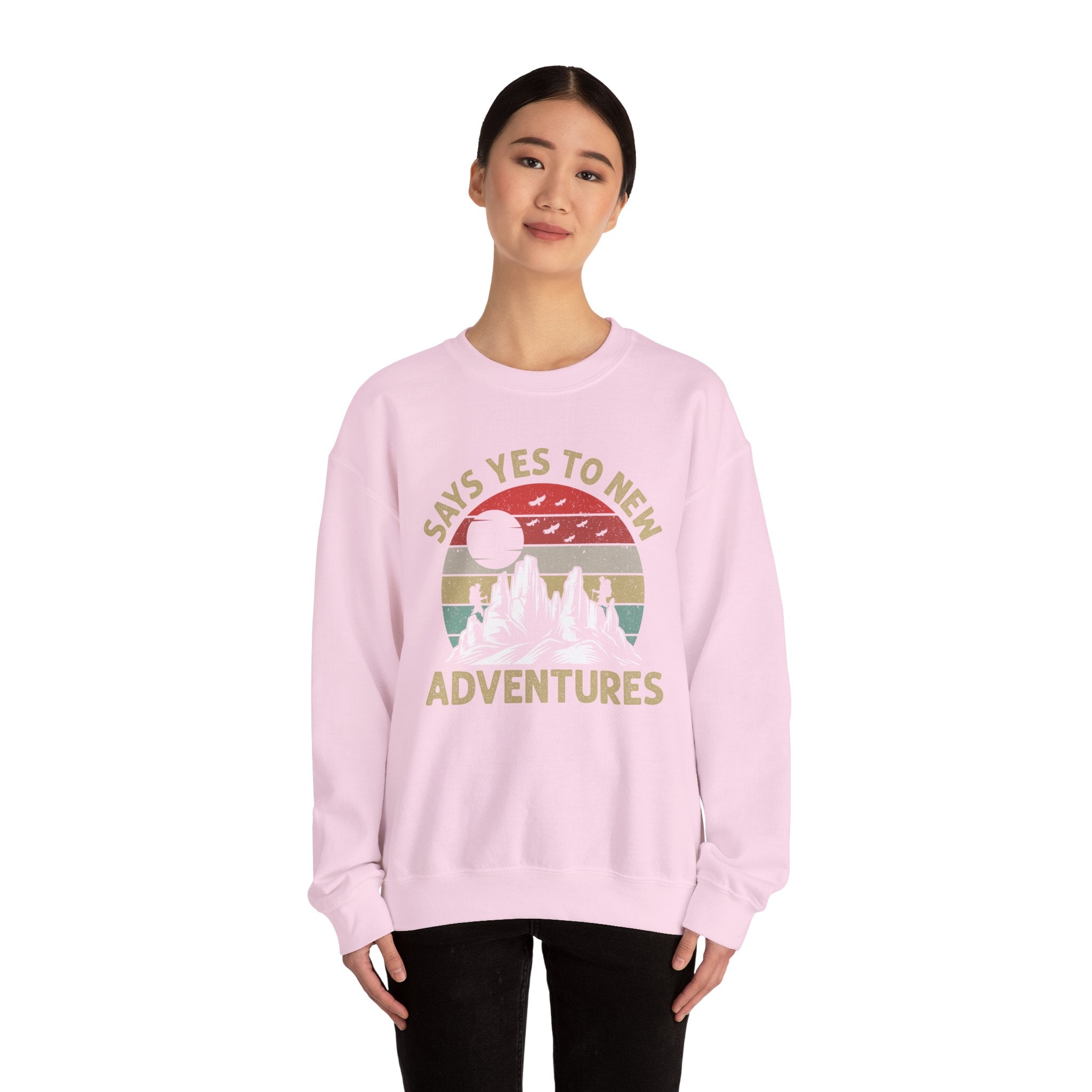 Adventure Crewneck Sweatshirt – "Says Yes to New Adventures" Retro Mountain Design