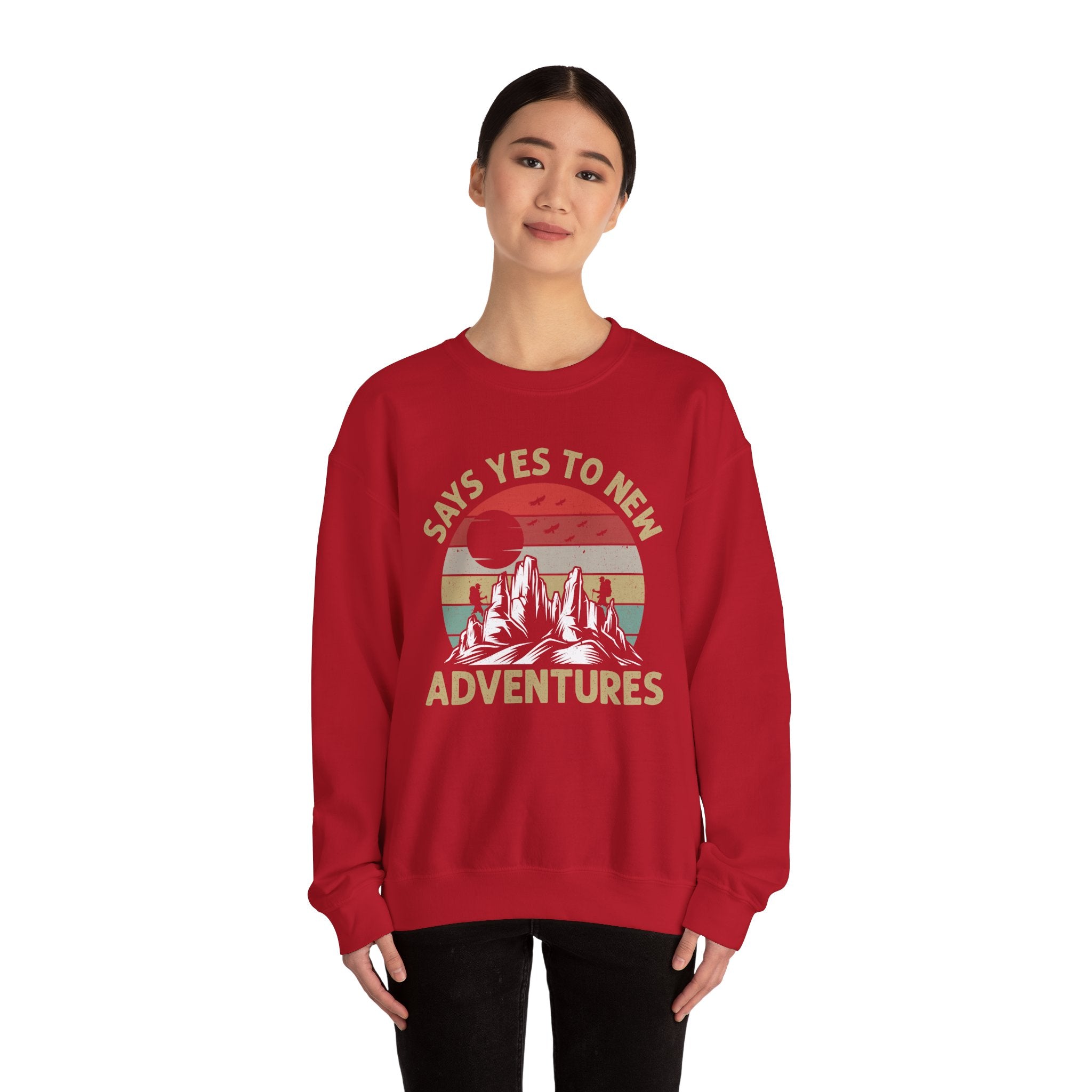 Adventure Crewneck Sweatshirt – "Says Yes to New Adventures" Retro Mountain Design