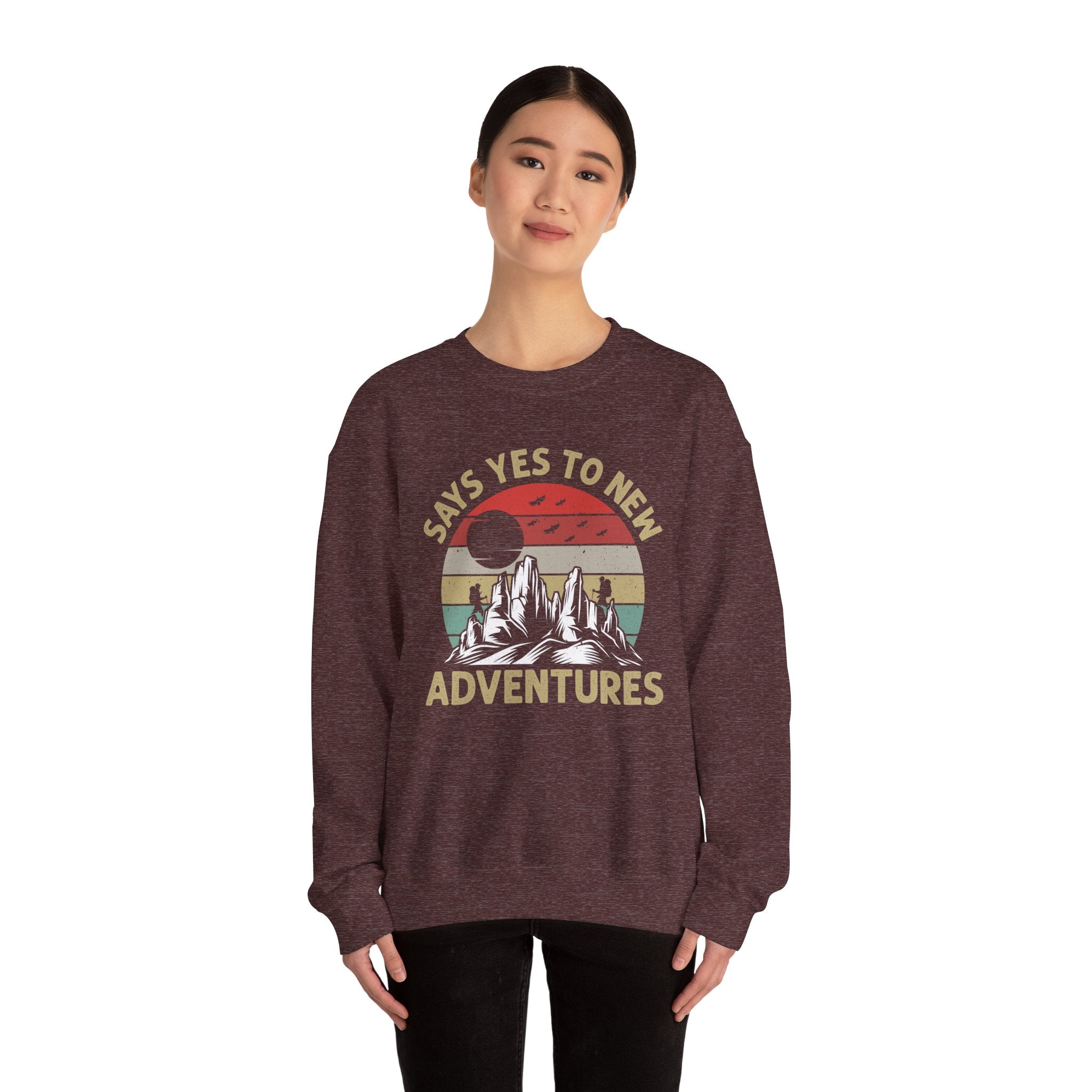 Adventure Crewneck Sweatshirt – "Says Yes to New Adventures" Retro Mountain Design