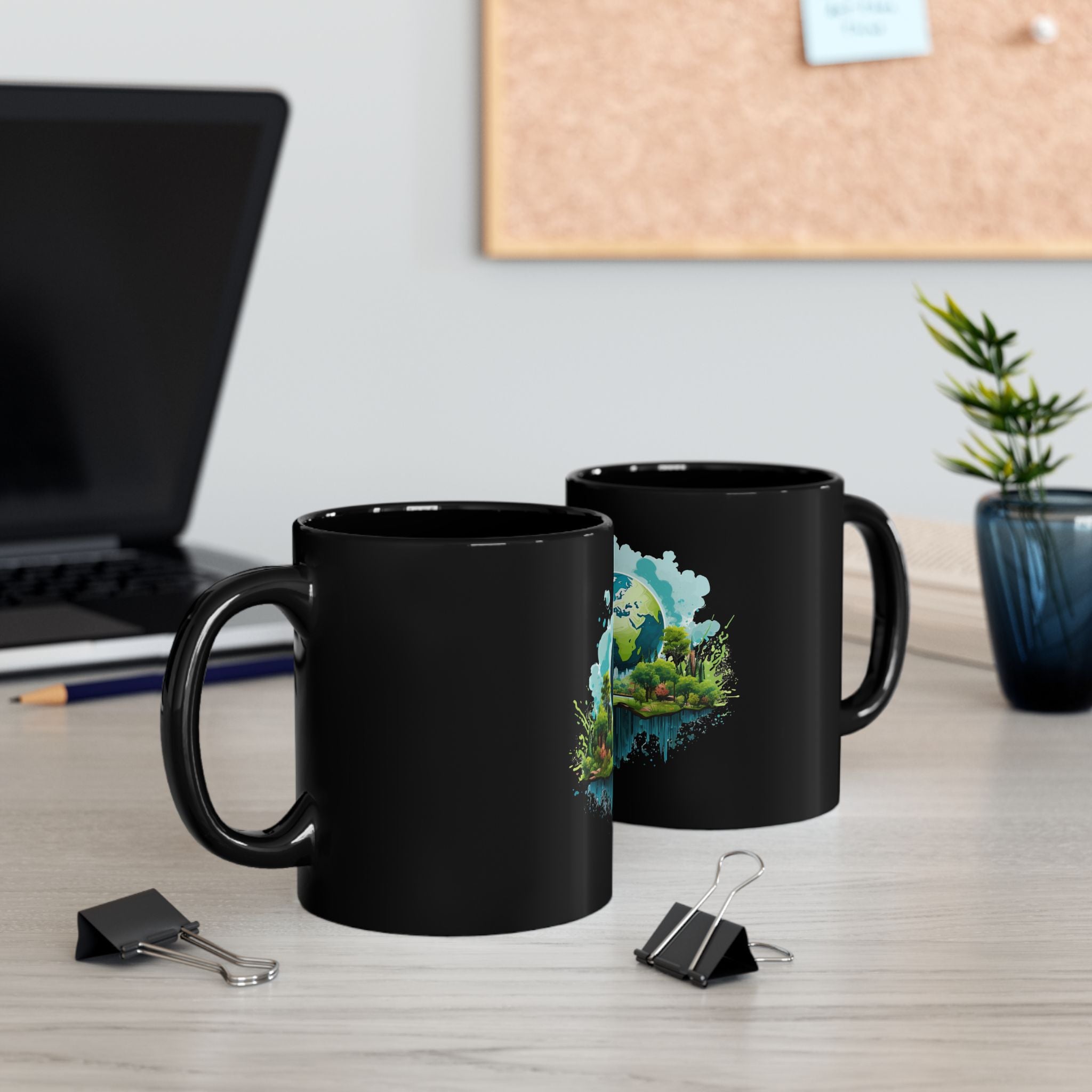 Eco-Friendly Earth Mug - Vibrant Nature Design - Black Ceramic Coffee Cup