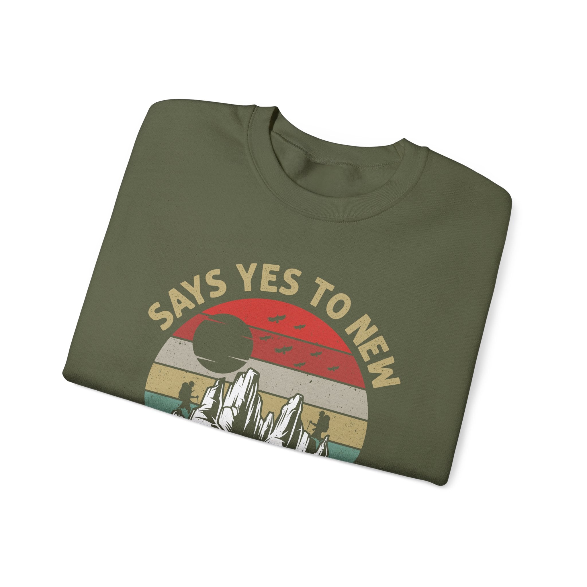 Adventure Crewneck Sweatshirt – "Says Yes to New Adventures" Retro Mountain Design