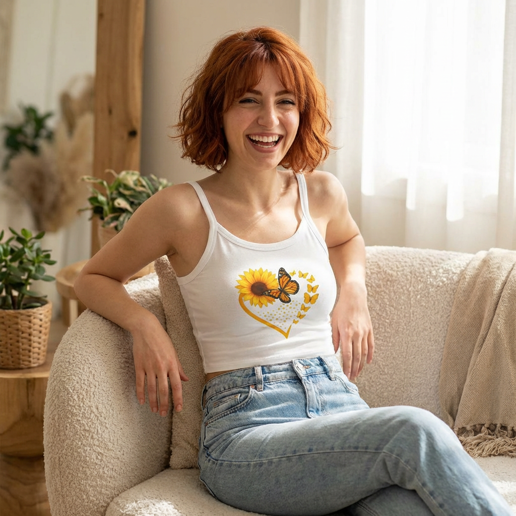 Sunflower Heart Butterfly Tank Top — Women's Spaghetti Strap Crop