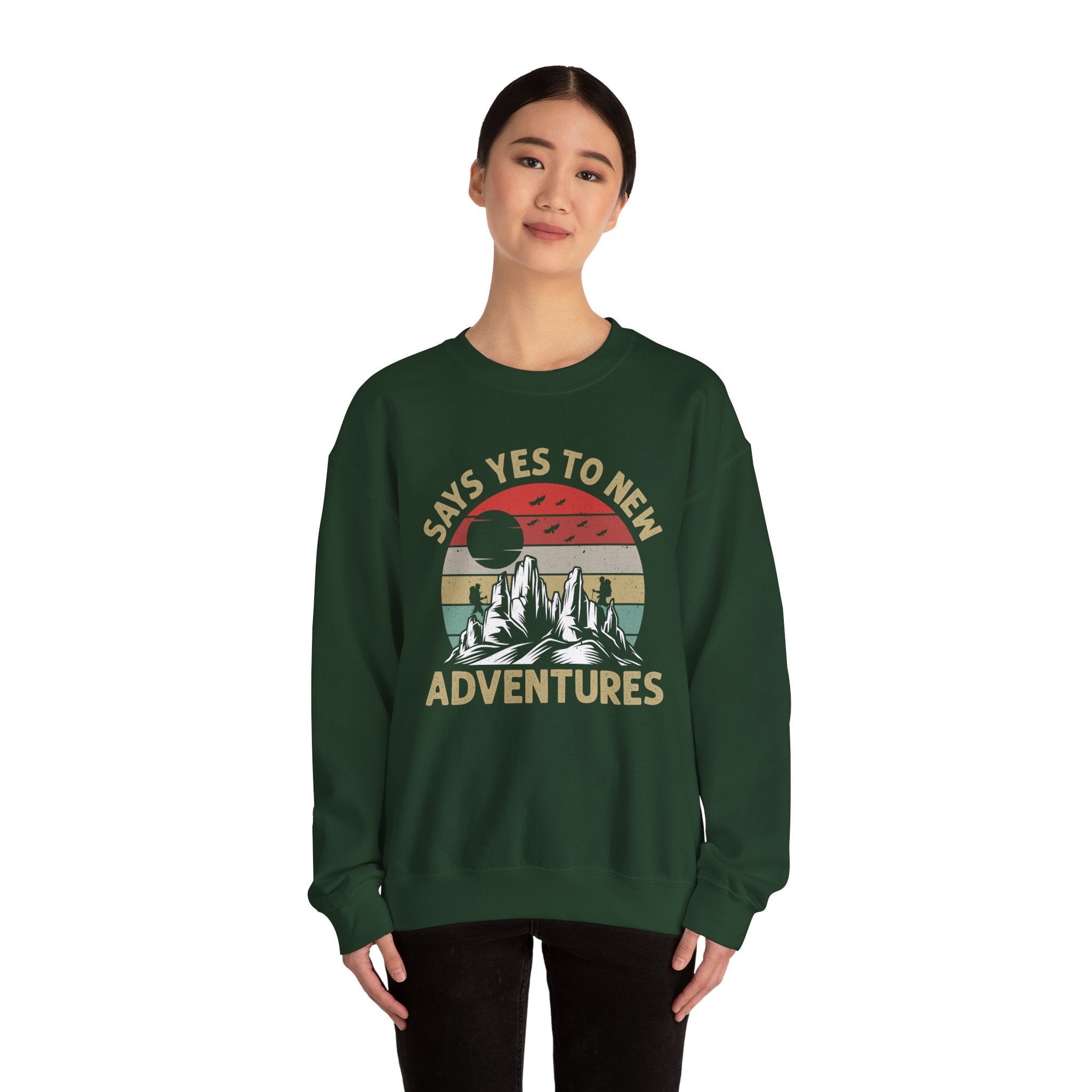 Adventure Crewneck Sweatshirt – "Says Yes to New Adventures" Retro Mountain Design