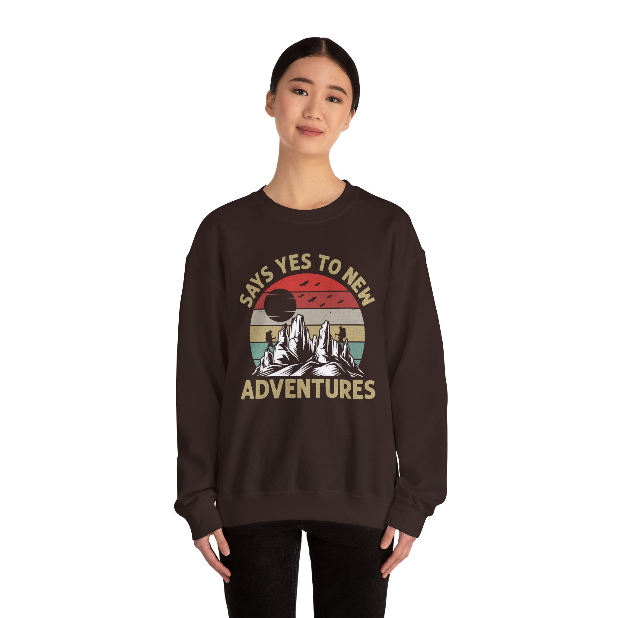 Adventure Crewneck Sweatshirt – "Says Yes to New Adventures" Retro Mountain Design