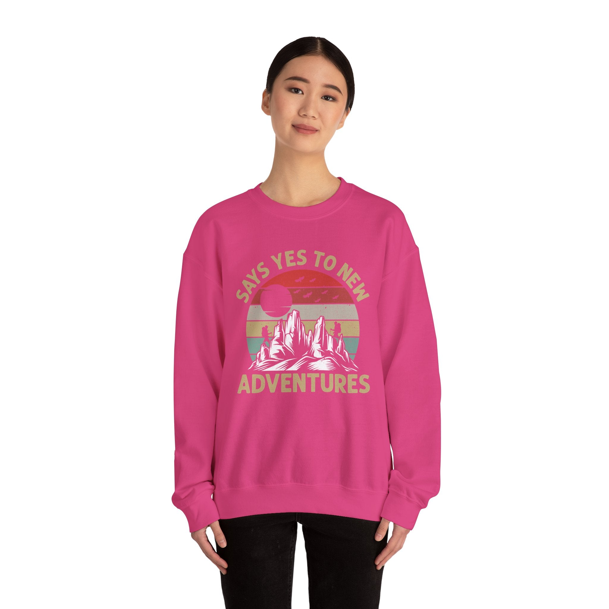 Adventure Crewneck Sweatshirt – "Says Yes to New Adventures" Retro Mountain Design