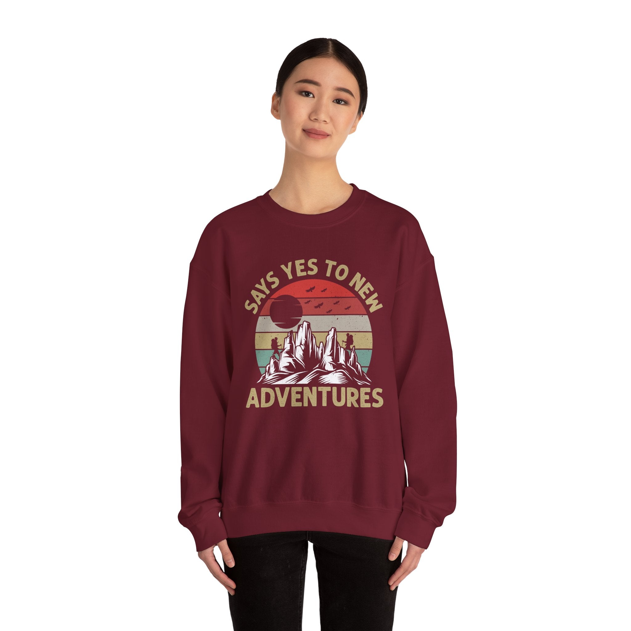 Adventure Crewneck Sweatshirt – "Says Yes to New Adventures" Retro Mountain Design