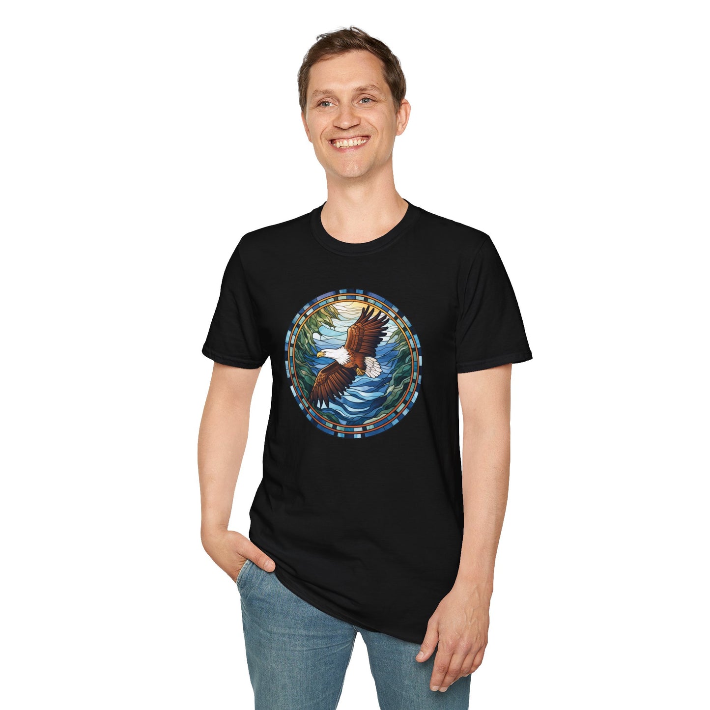 Eagle in Flight Unisex Softstyle T-Shirt - Nature-Inspired Graphic Tee for Outdoor Lovers