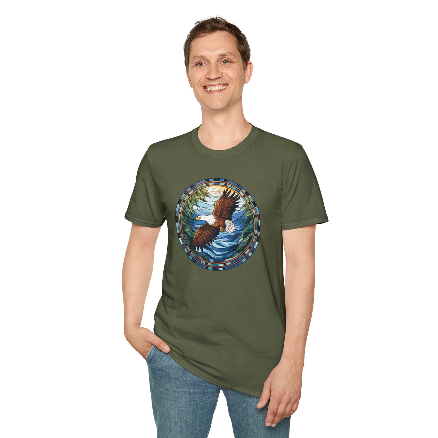 Eagle in Flight Unisex Softstyle T-Shirt - Nature-Inspired Graphic Tee for Outdoor Lovers