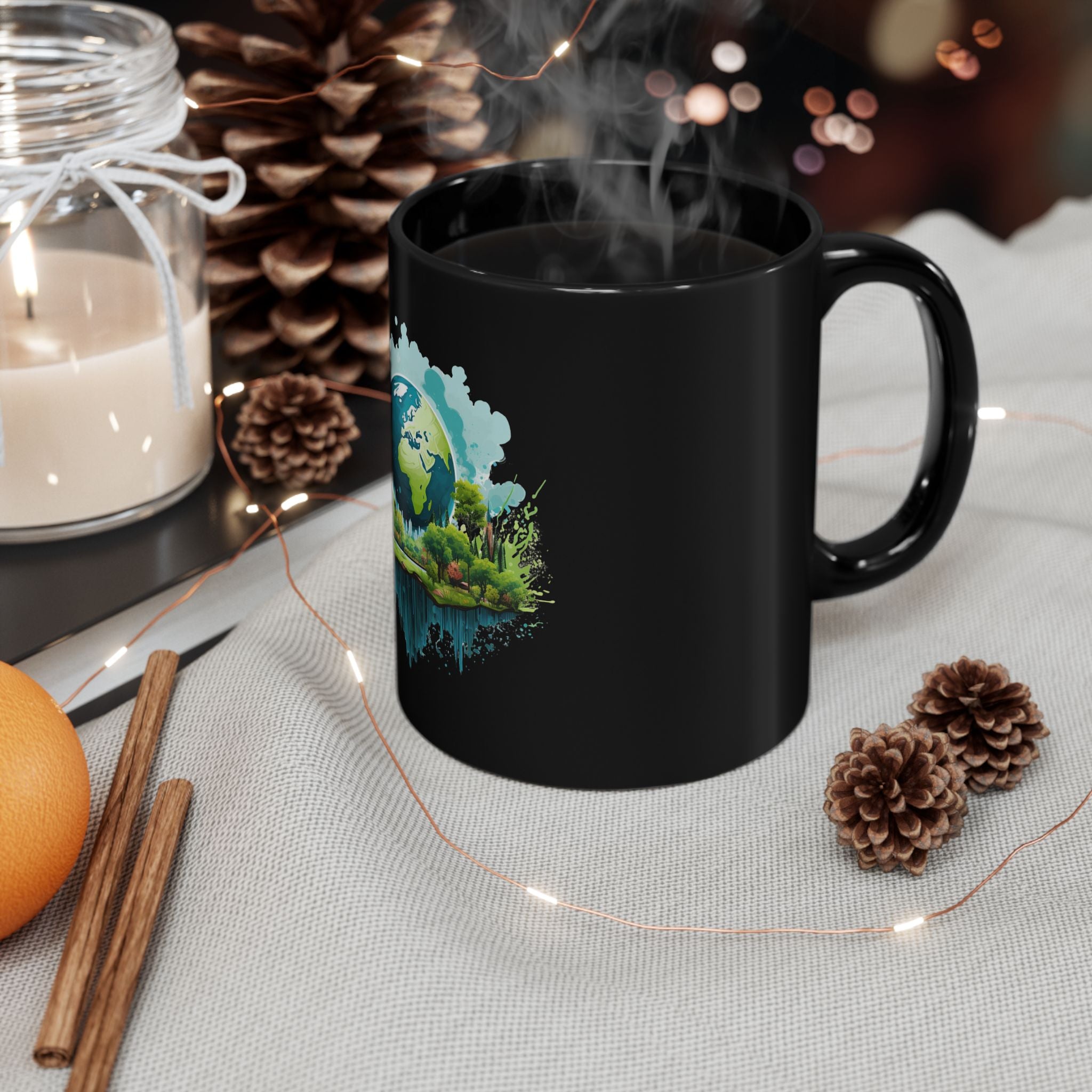 Eco-Friendly Earth Mug - Vibrant Nature Design - Black Ceramic Coffee Cup
