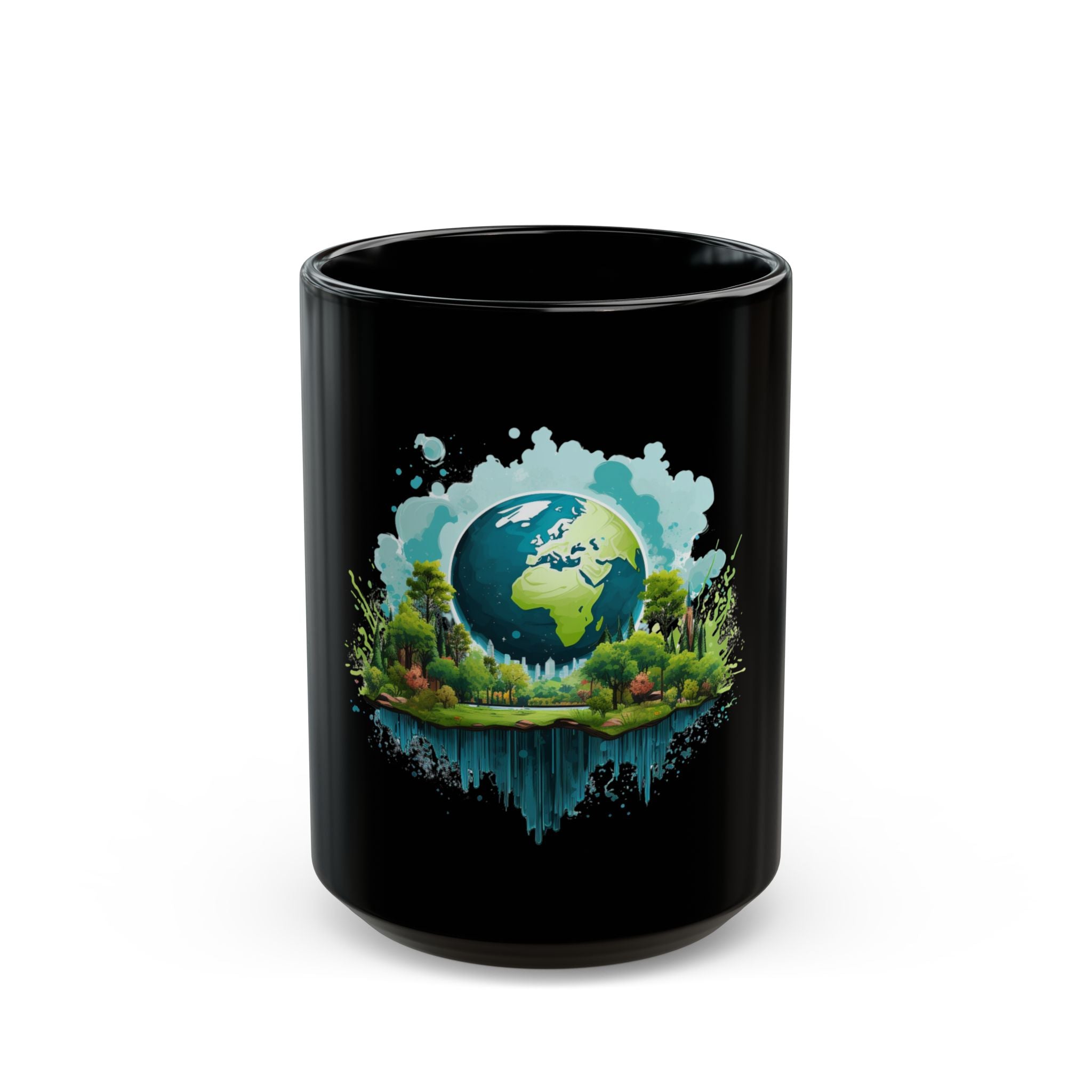 Eco-Friendly Earth Mug - Vibrant Nature Design - Black Ceramic Coffee Cup
