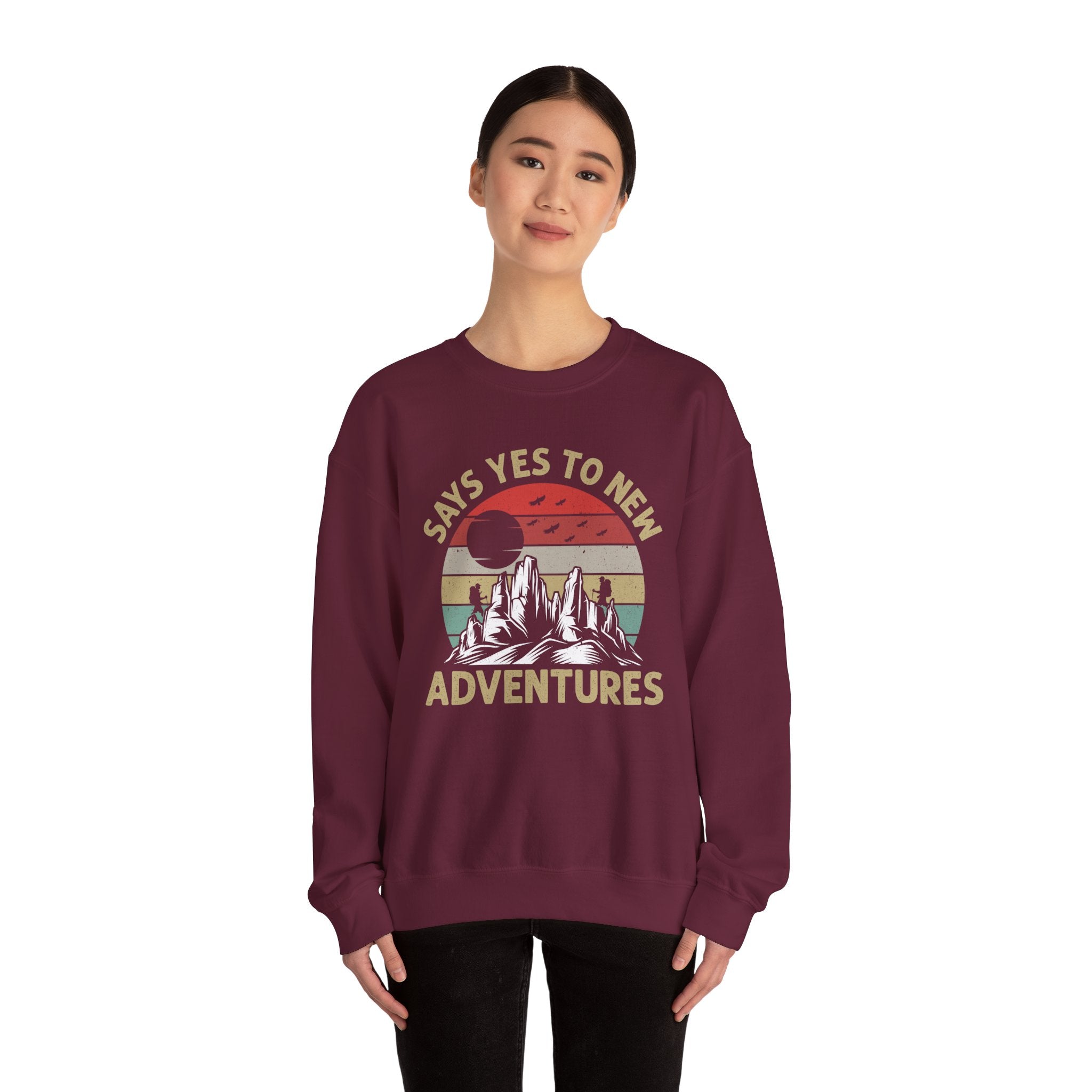 Adventure Crewneck Sweatshirt – "Says Yes to New Adventures" Retro Mountain Design