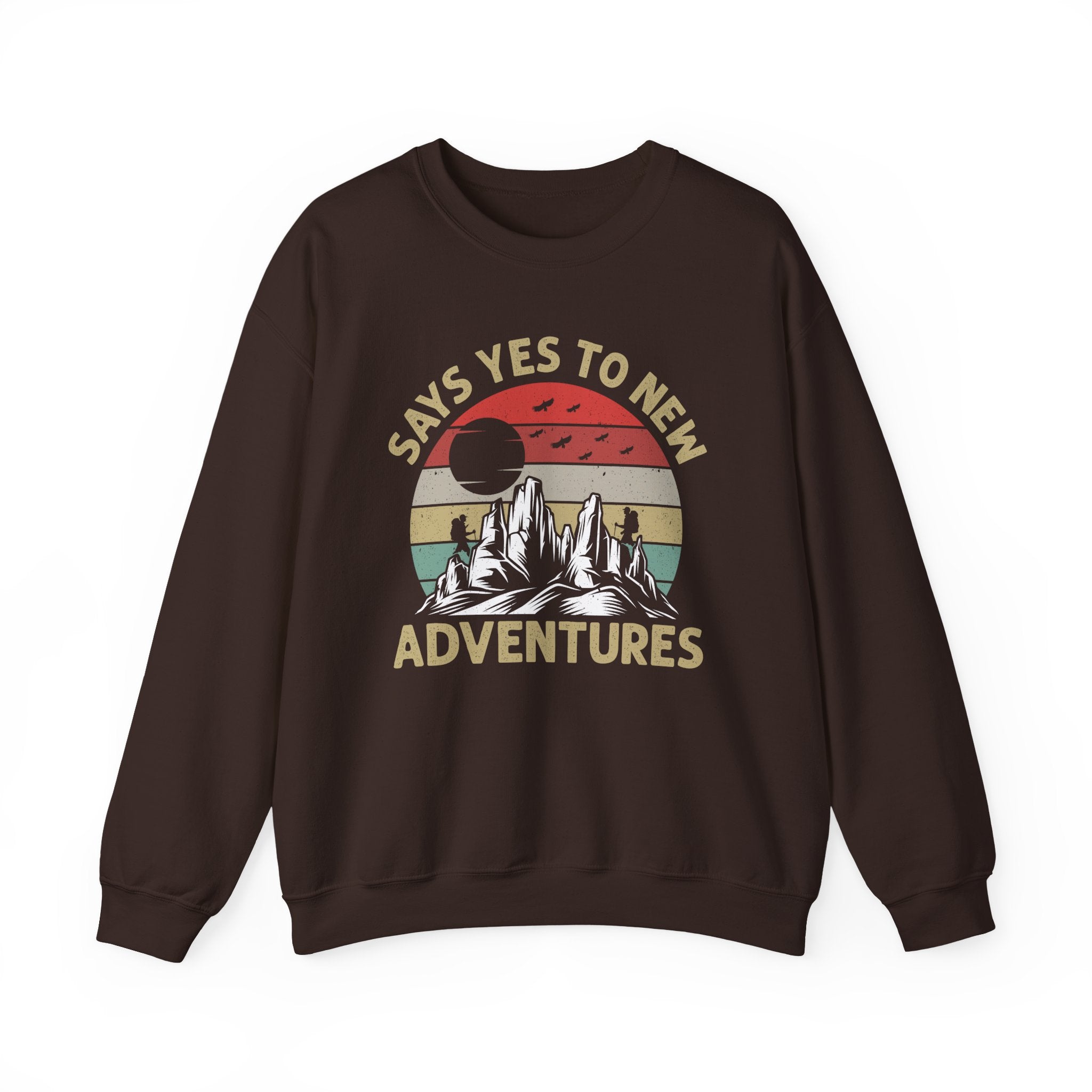 Adventure Crewneck Sweatshirt – "Says Yes to New Adventures" Retro Mountain Design
