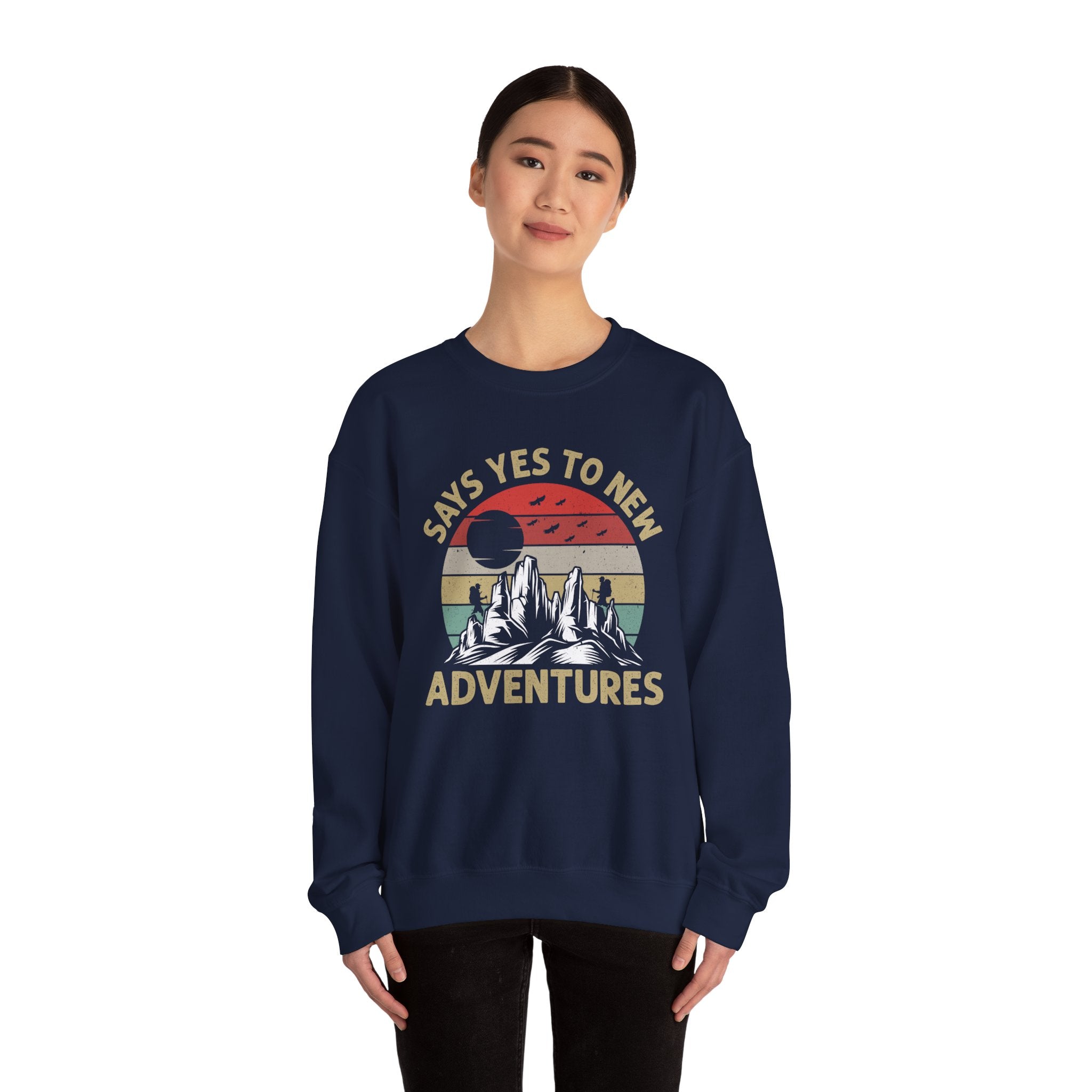 Adventure Crewneck Sweatshirt – "Says Yes to New Adventures" Retro Mountain Design