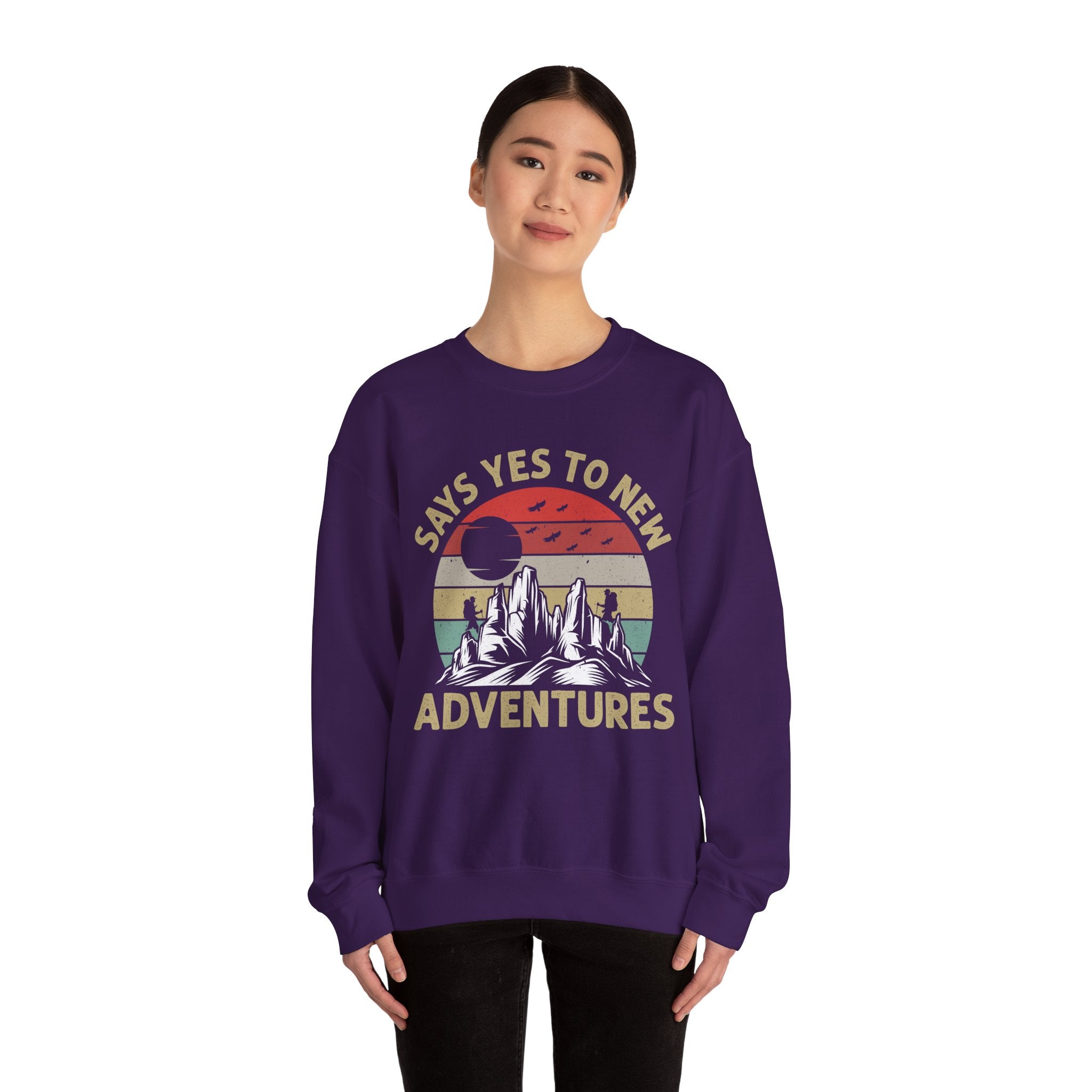 Adventure Crewneck Sweatshirt – "Says Yes to New Adventures" Retro Mountain Design