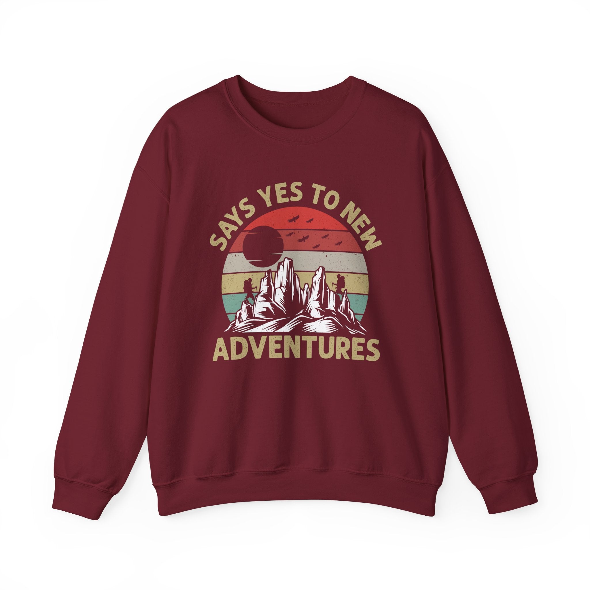Adventure Crewneck Sweatshirt – "Says Yes to New Adventures" Retro Mountain Design