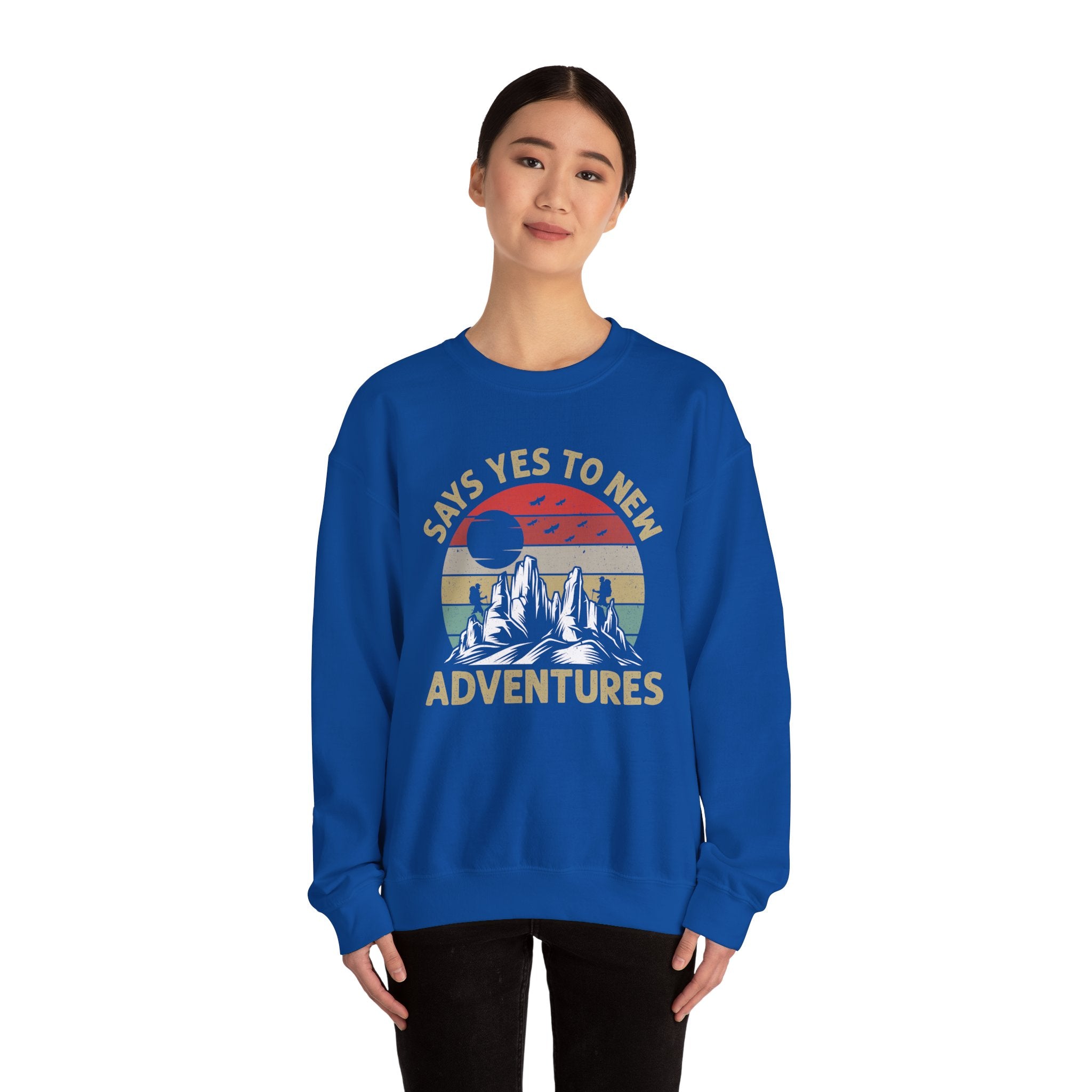 Adventure Crewneck Sweatshirt – "Says Yes to New Adventures" Retro Mountain Design