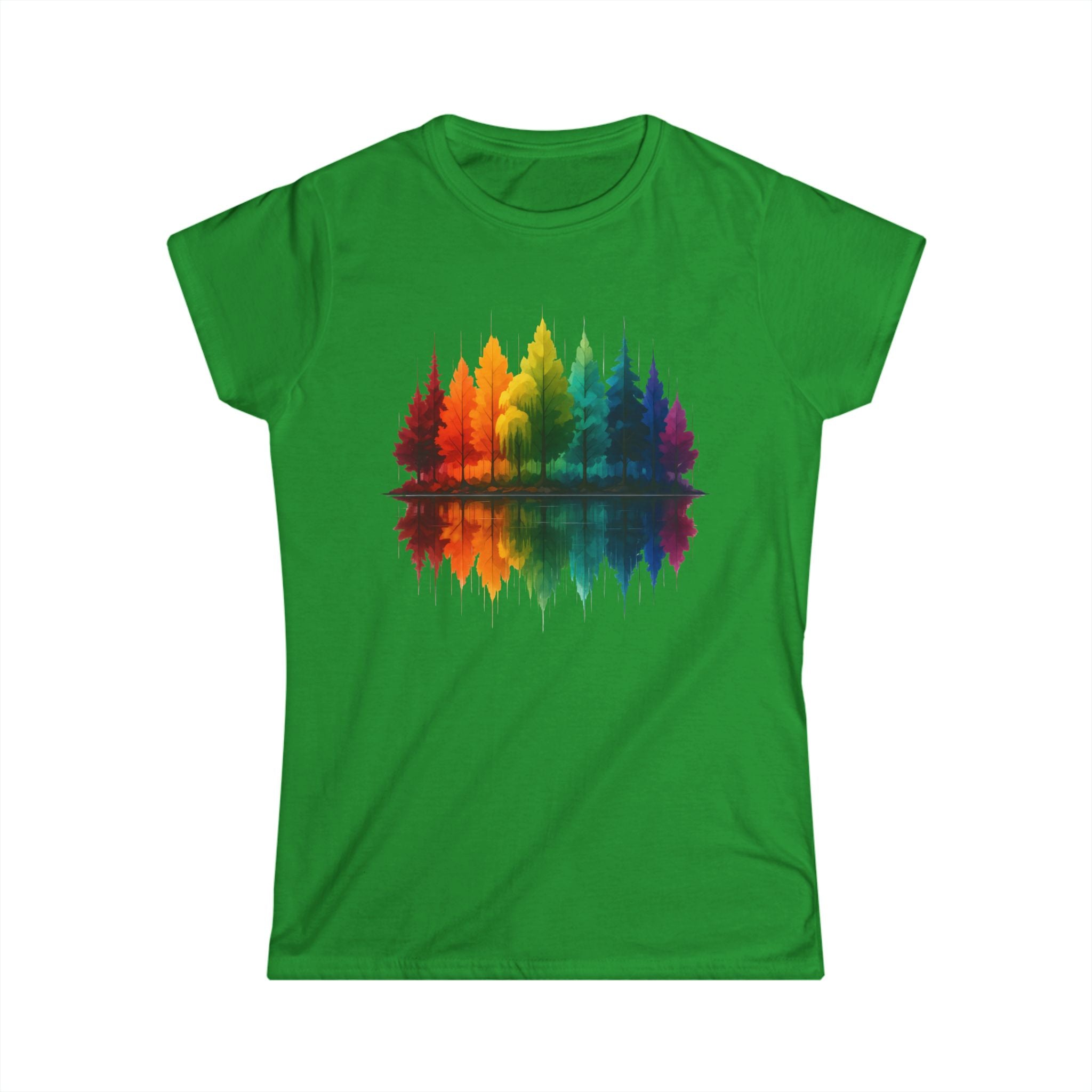 Rainbow Forest Reflection Women's Tee — Colorful Tree Line Nature Shirt