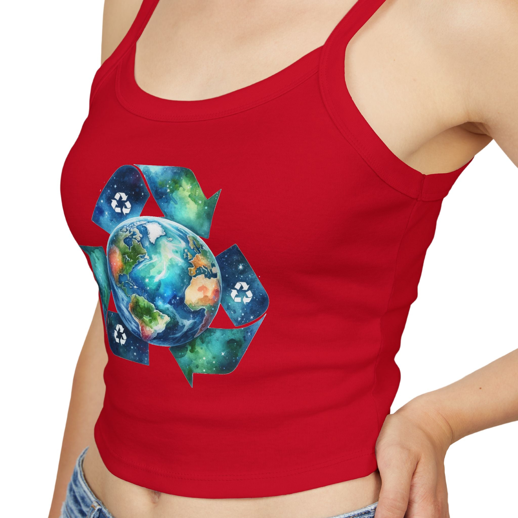 Recycled Earth Graphic Tank Top — Eco-Friendly Recycling Symbol Crop