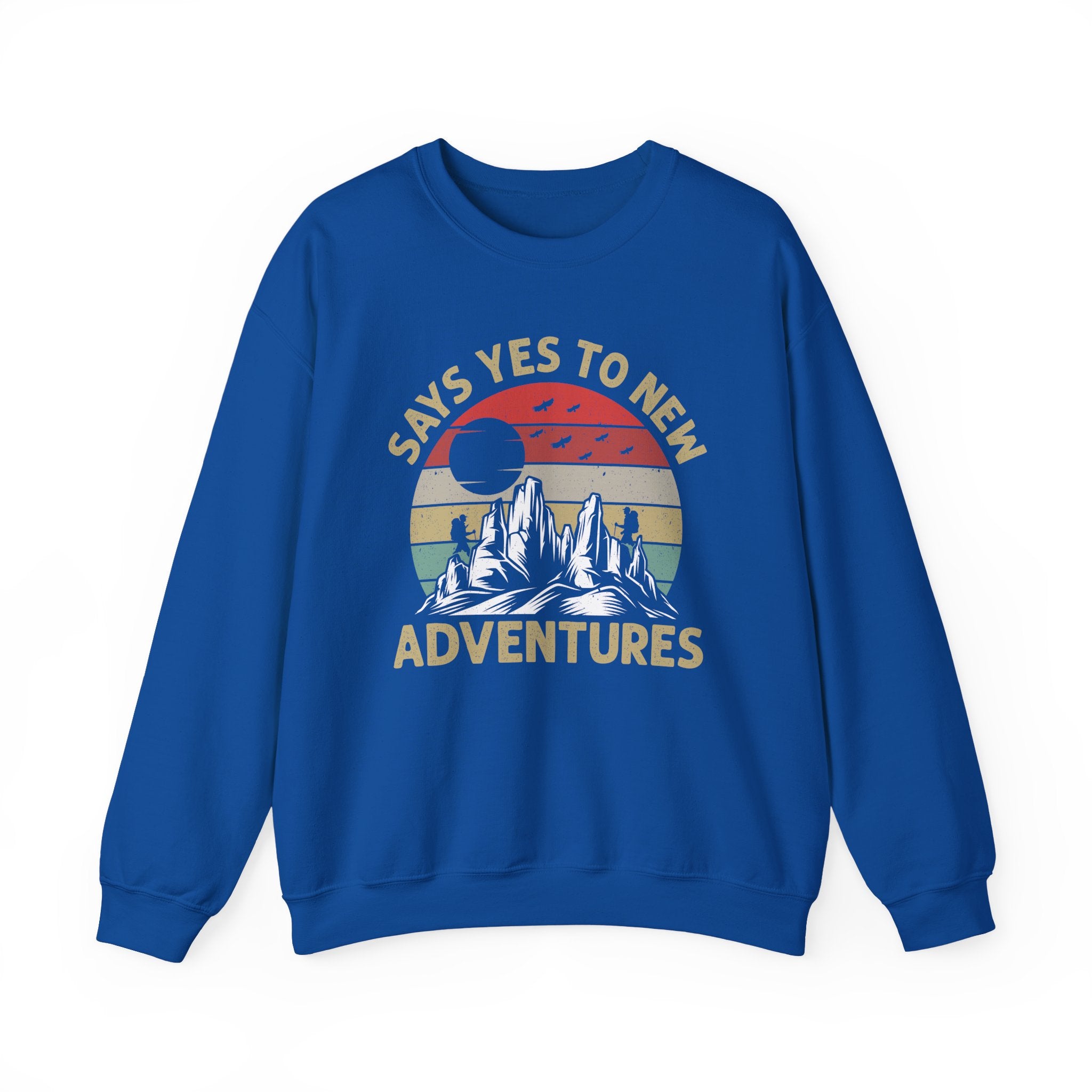 Adventure Crewneck Sweatshirt – "Says Yes to New Adventures" Retro Mountain Design