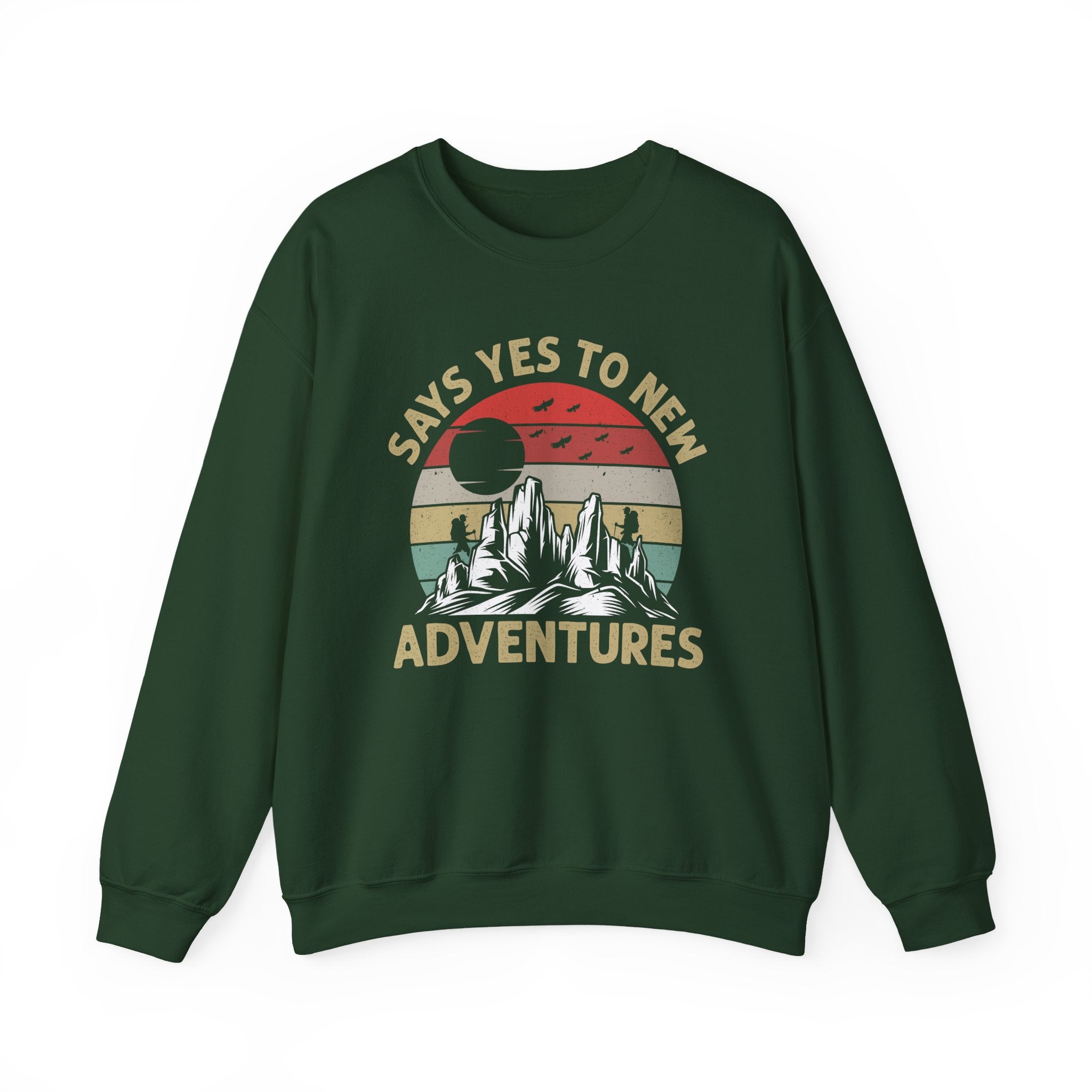 Adventure Crewneck Sweatshirt – "Says Yes to New Adventures" Retro Mountain Design