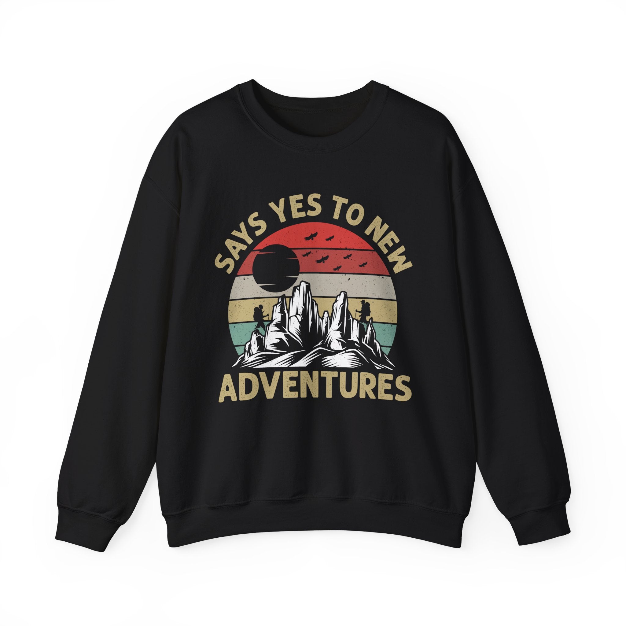 Adventure Crewneck Sweatshirt – "Says Yes to New Adventures" Retro Mountain Design