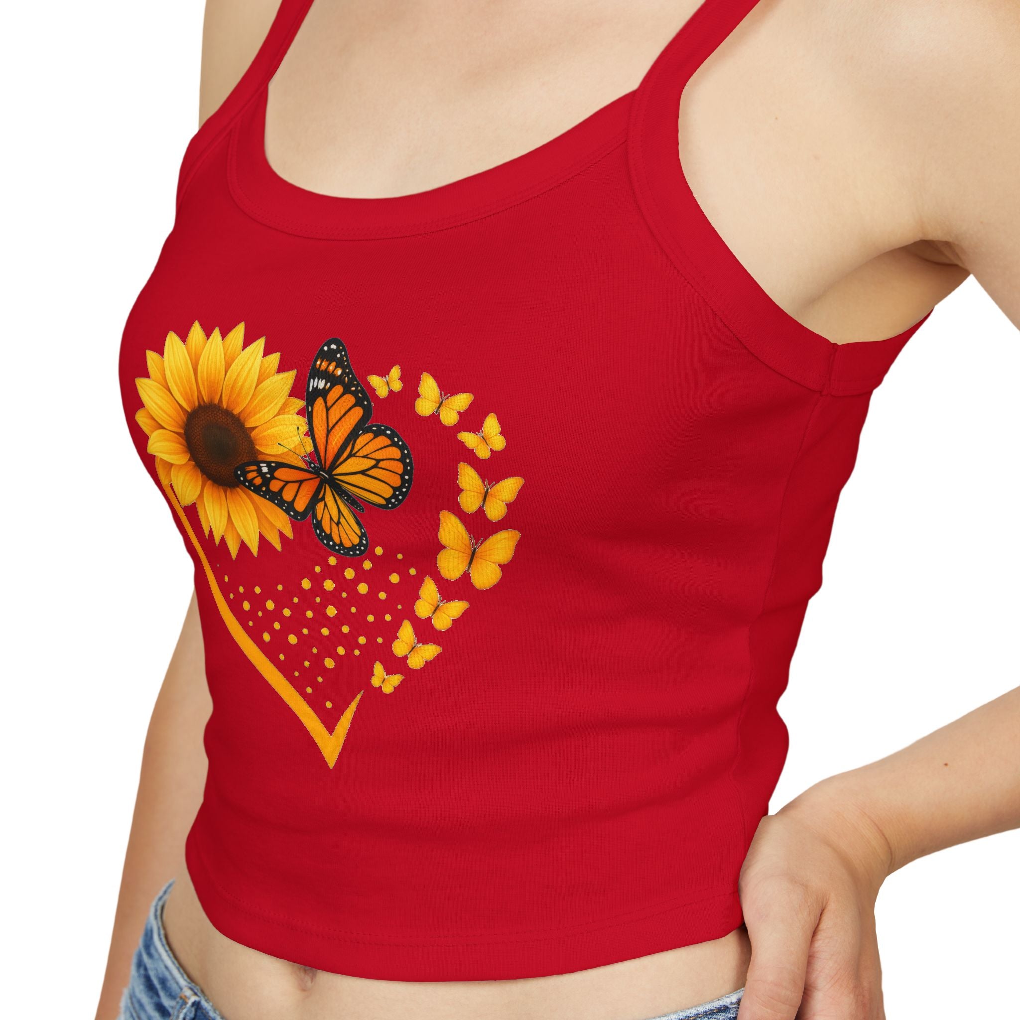 Sunflower Heart Butterfly Tank Top — Women's Spaghetti Strap Crop