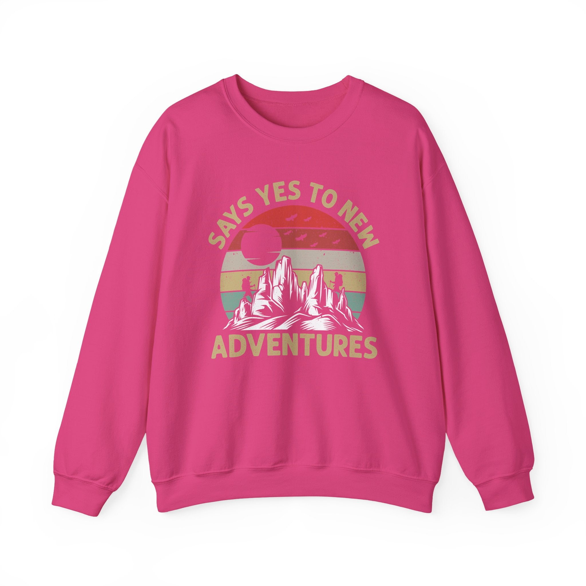 Adventure Crewneck Sweatshirt – "Says Yes to New Adventures" Retro Mountain Design