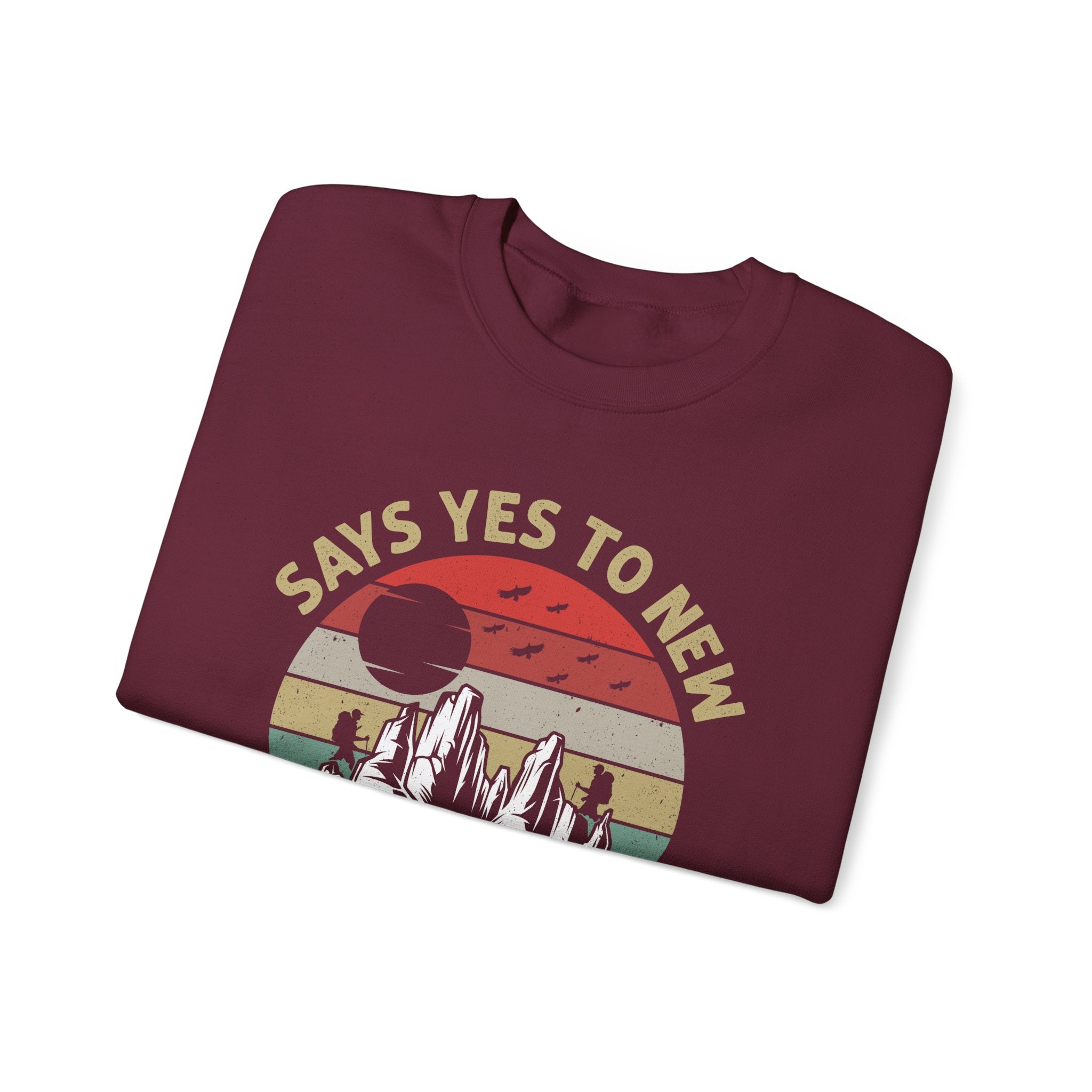 Adventure Crewneck Sweatshirt – "Says Yes to New Adventures" Retro Mountain Design