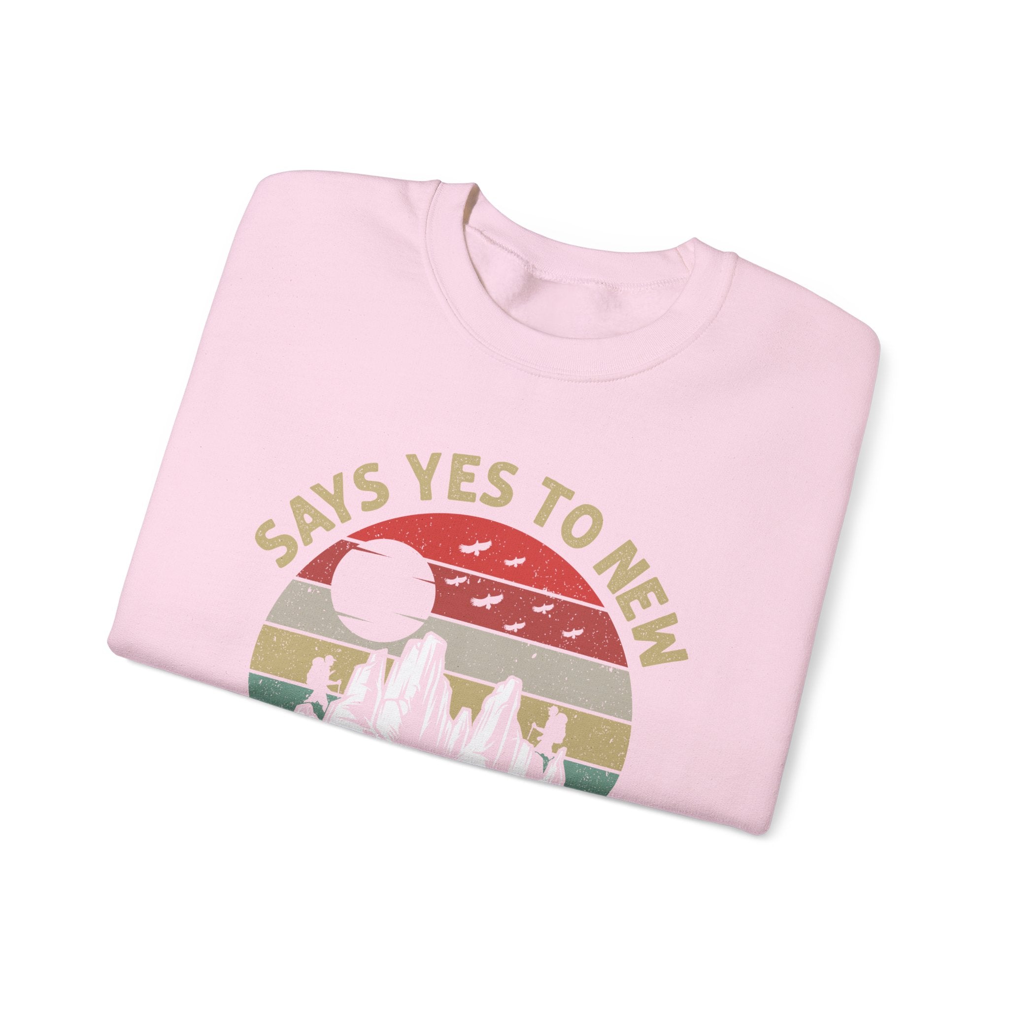 Adventure Crewneck Sweatshirt – "Says Yes to New Adventures" Retro Mountain Design