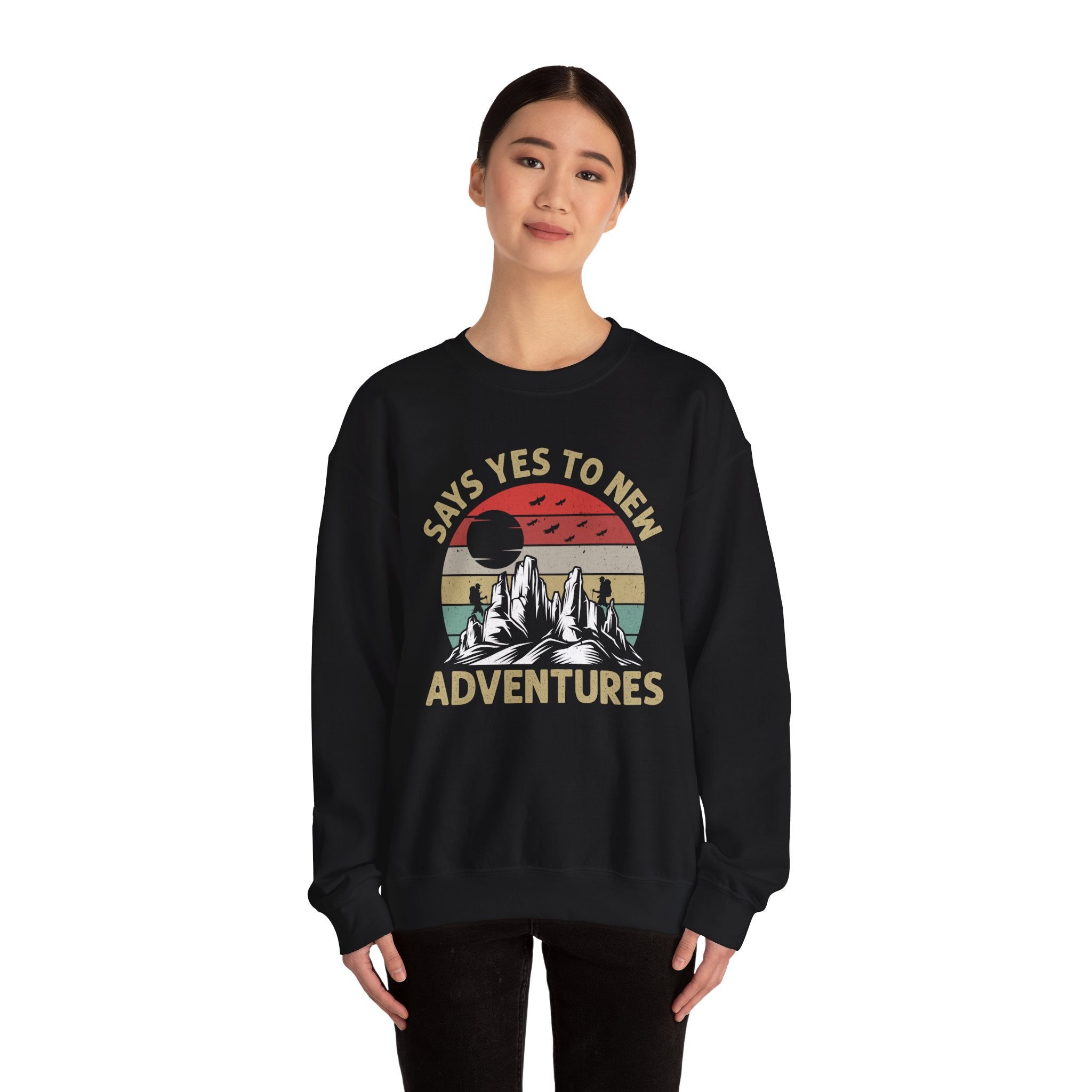 Adventure Crewneck Sweatshirt – "Says Yes to New Adventures" Retro Mountain Design