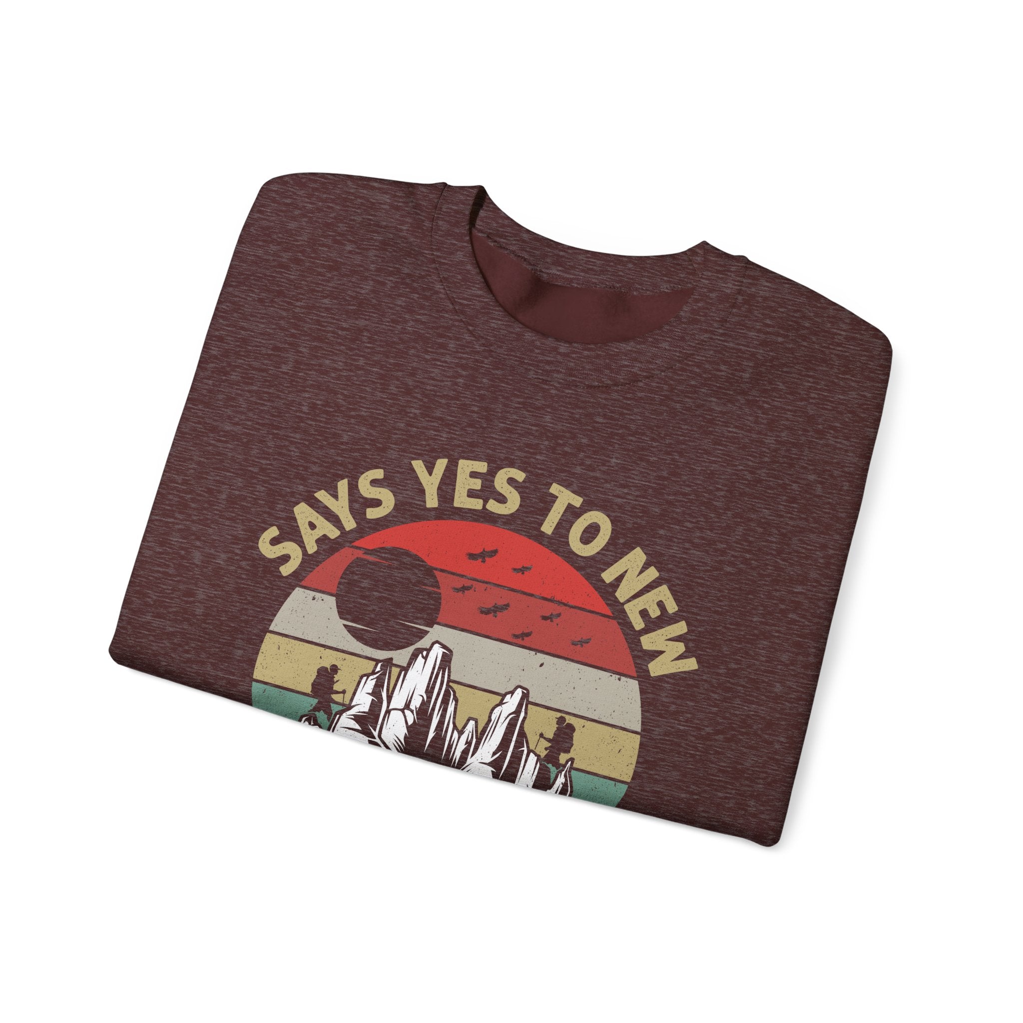 Adventure Crewneck Sweatshirt – "Says Yes to New Adventures" Retro Mountain Design